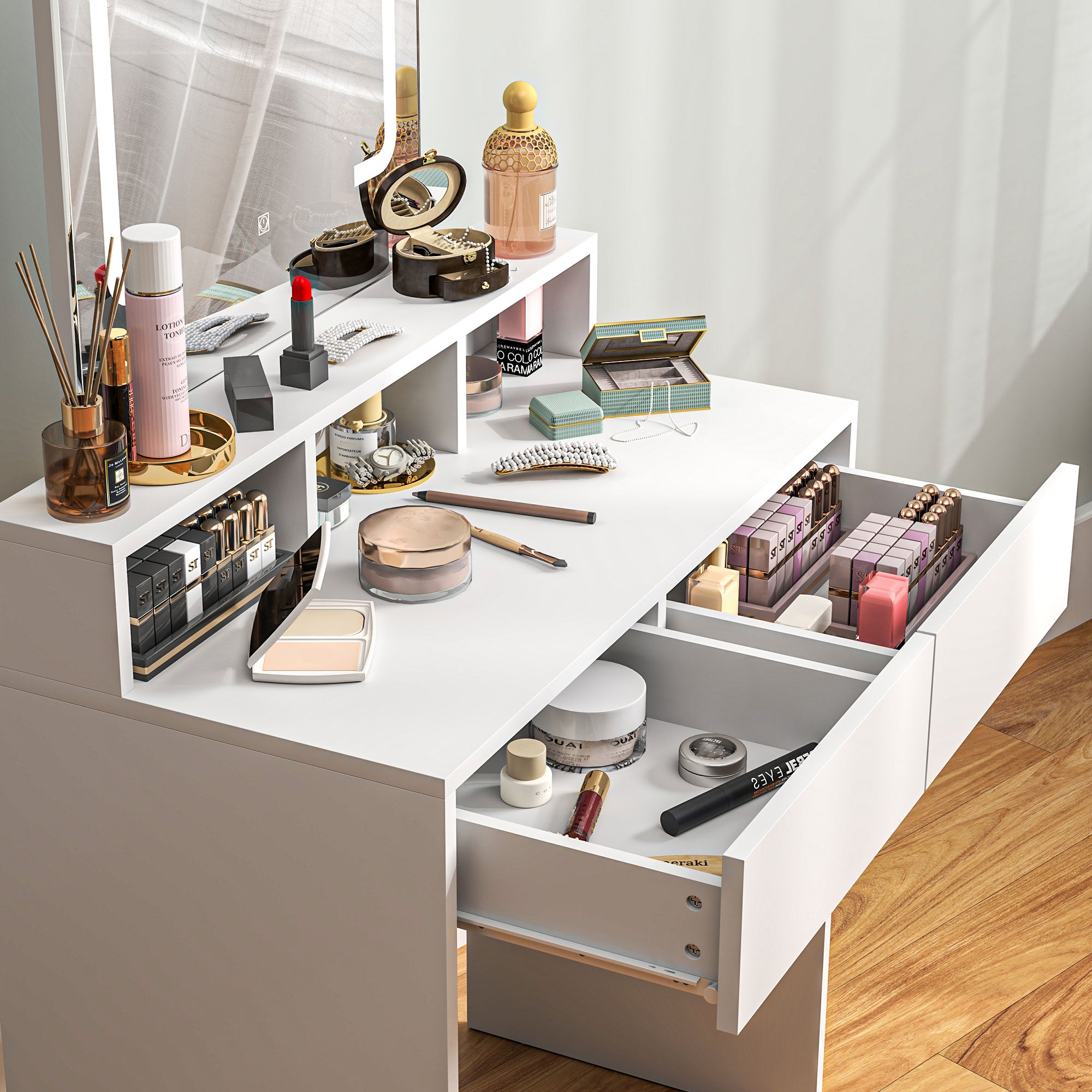 HOMCOM Makeup Vanity Desk with Mirror and Lights, for Bedroom, Modern LED Lighted Dressing Table with 2 Storage Drawers, 3 Compartments, 3 Lighting Modes, for Women Girls, White