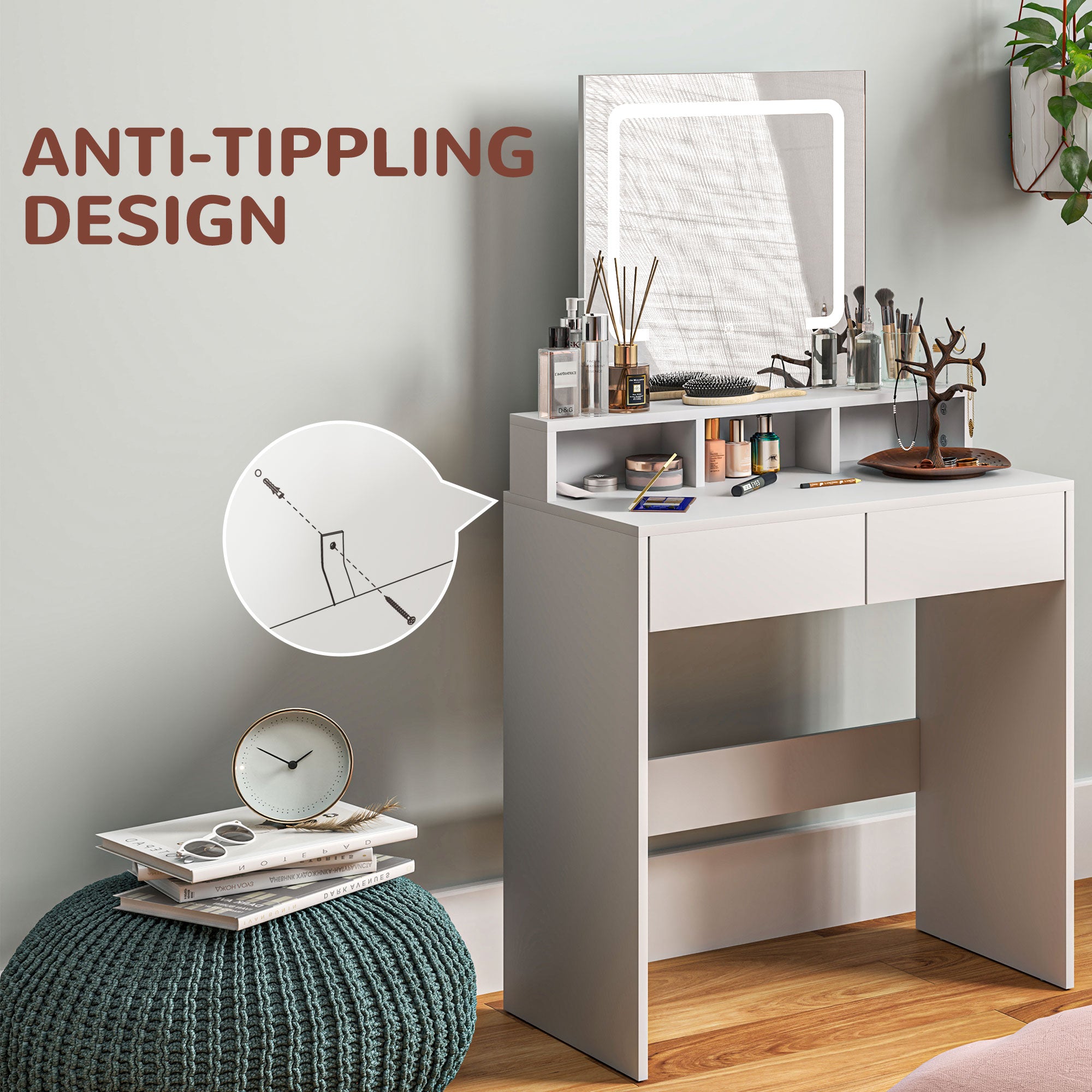 HOMCOM Makeup Vanity Desk with Mirror and Lights, for Bedroom, Modern LED Lighted Dressing Table with 2 Storage Drawers, 3 Compartments, 3 Lighting Modes, for Women Girls, White