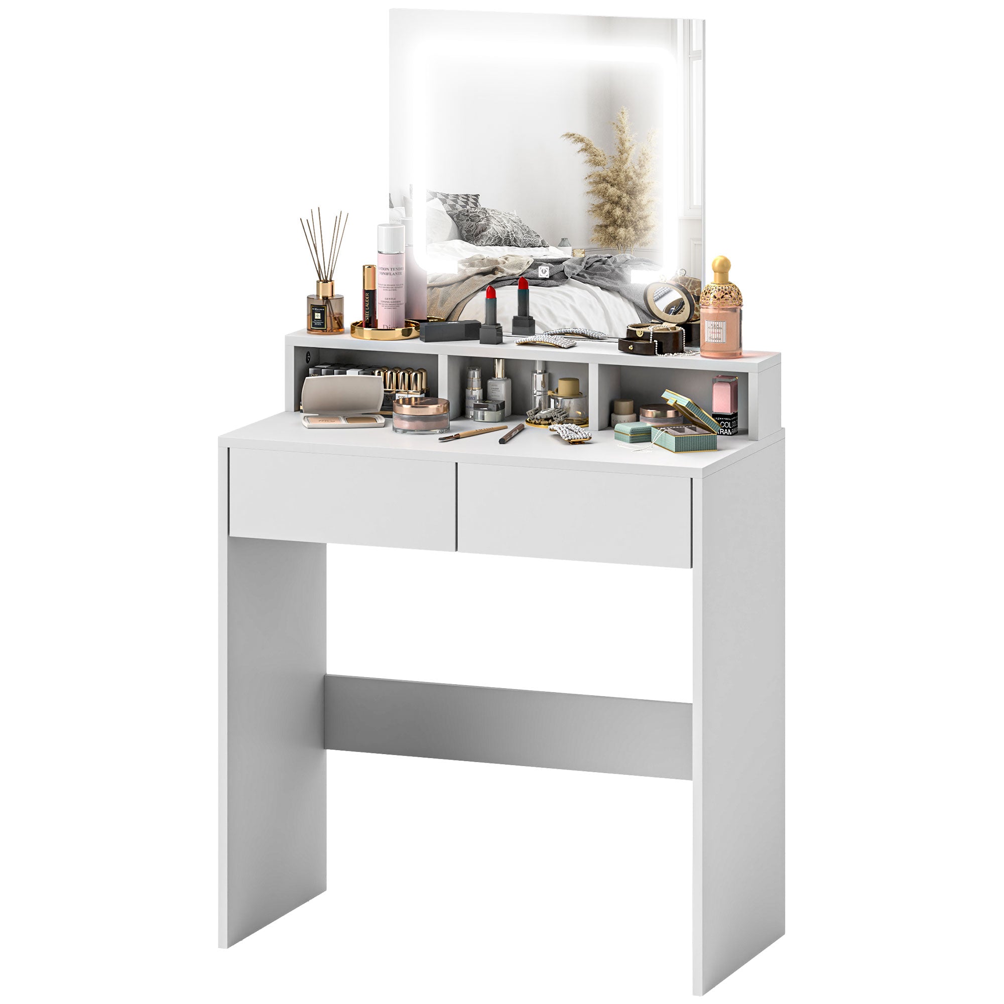 HOMCOM Makeup Vanity Desk with Mirror and Lights, for Bedroom, Modern LED Lighted Dressing Table with 2 Storage Drawers, 3 Compartments, 3 Lighting Modes, for Women Girls, White