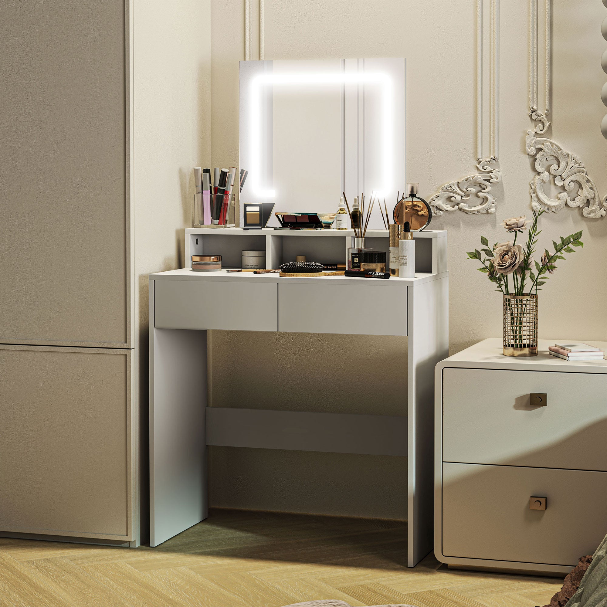 HOMCOM Makeup Vanity Desk with Mirror and Lights, for Bedroom, Modern LED Lighted Dressing Table with 2 Storage Drawers, 3 Compartments, 3 Lighting Modes, for Women Girls, White