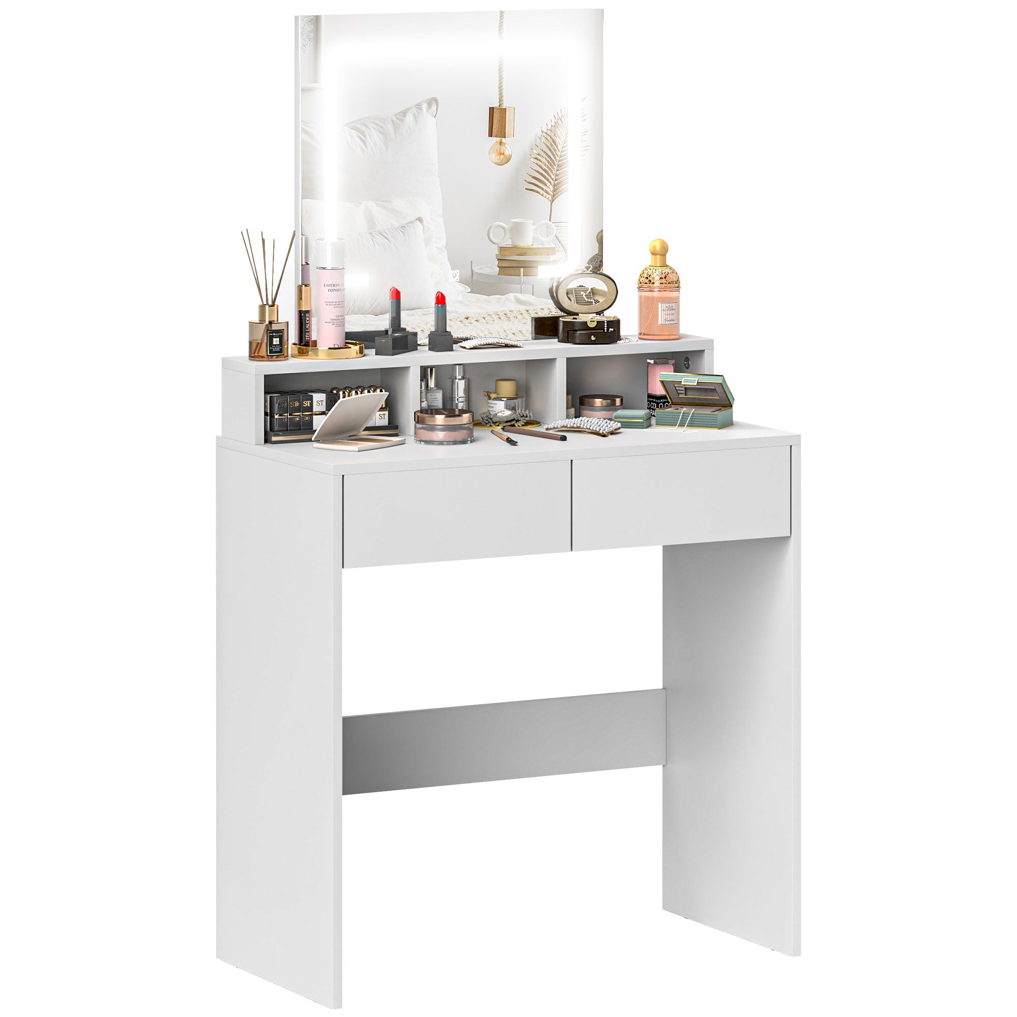 HOMCOM Makeup Vanity Desk with Mirror and Lights, for Bedroom, Modern LED Lighted Dressing Table with 2 Storage Drawers, 3 Compartments, 3 Lighting Modes, for Women Girls, White