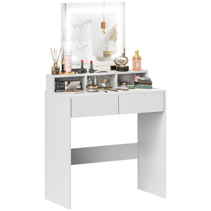 HOMCOM Makeup Vanity Desk with Mirror and Lights, for Bedroom, Modern LED Lighted Dressing Table with 2 Storage Drawers, 3 Compartments, 3 Lighting Modes, for Women Girls, White