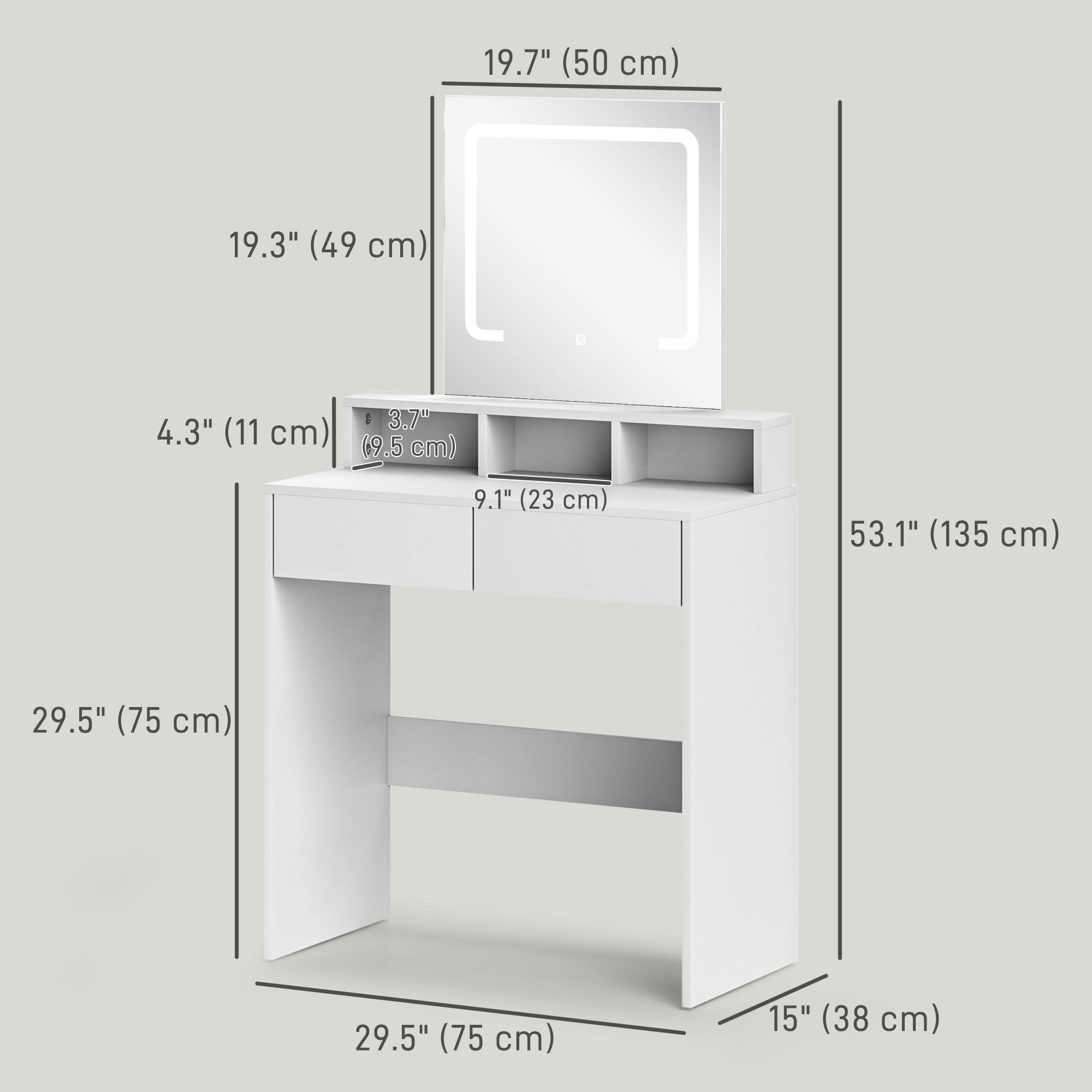 HOMCOM Makeup Vanity Desk with Mirror and Lights, for Bedroom, Modern LED Lighted Dressing Table with 2 Storage Drawers, 3 Compartments, 3 Lighting Modes, for Women Girls, White