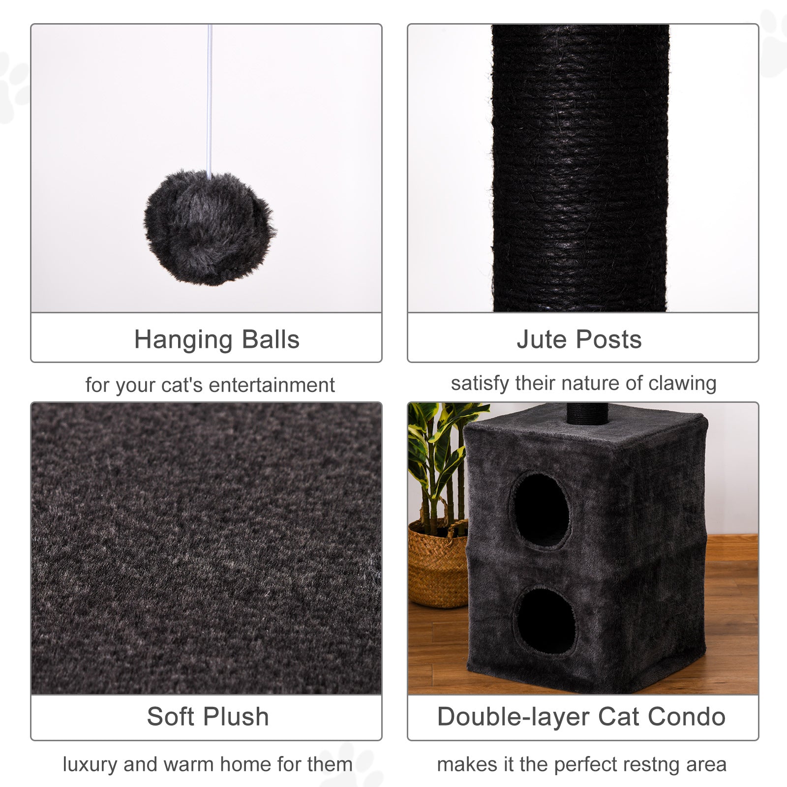 PawHut 86.5"-96.5" Cat Tree Floor to Ceiling Condo w/ Jute Scratching Post Dangling Ball Adjustable, Grey