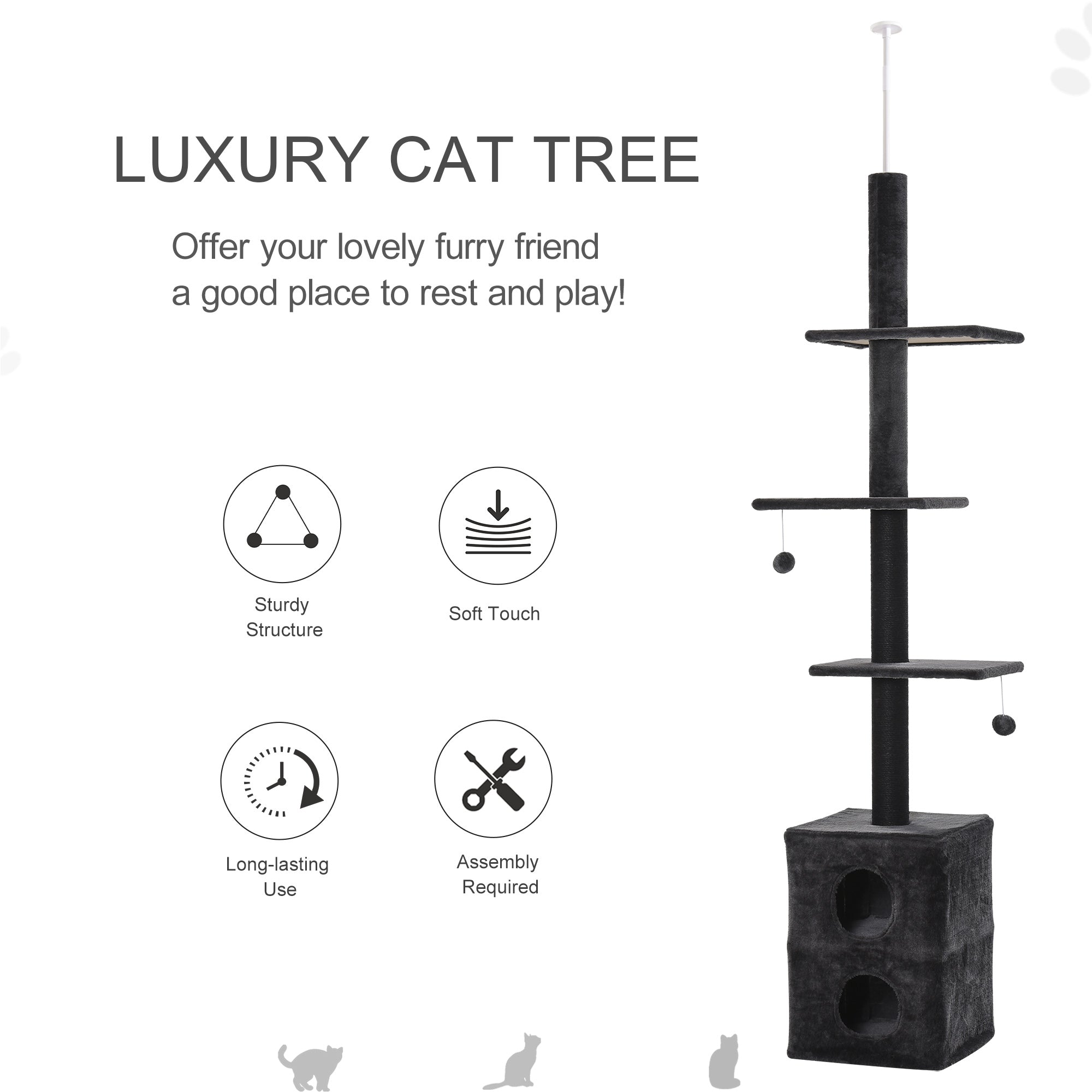 PawHut 86.5"-96.5" Cat Tree Floor to Ceiling Condo w/ Jute Scratching Post Dangling Ball Adjustable, Grey