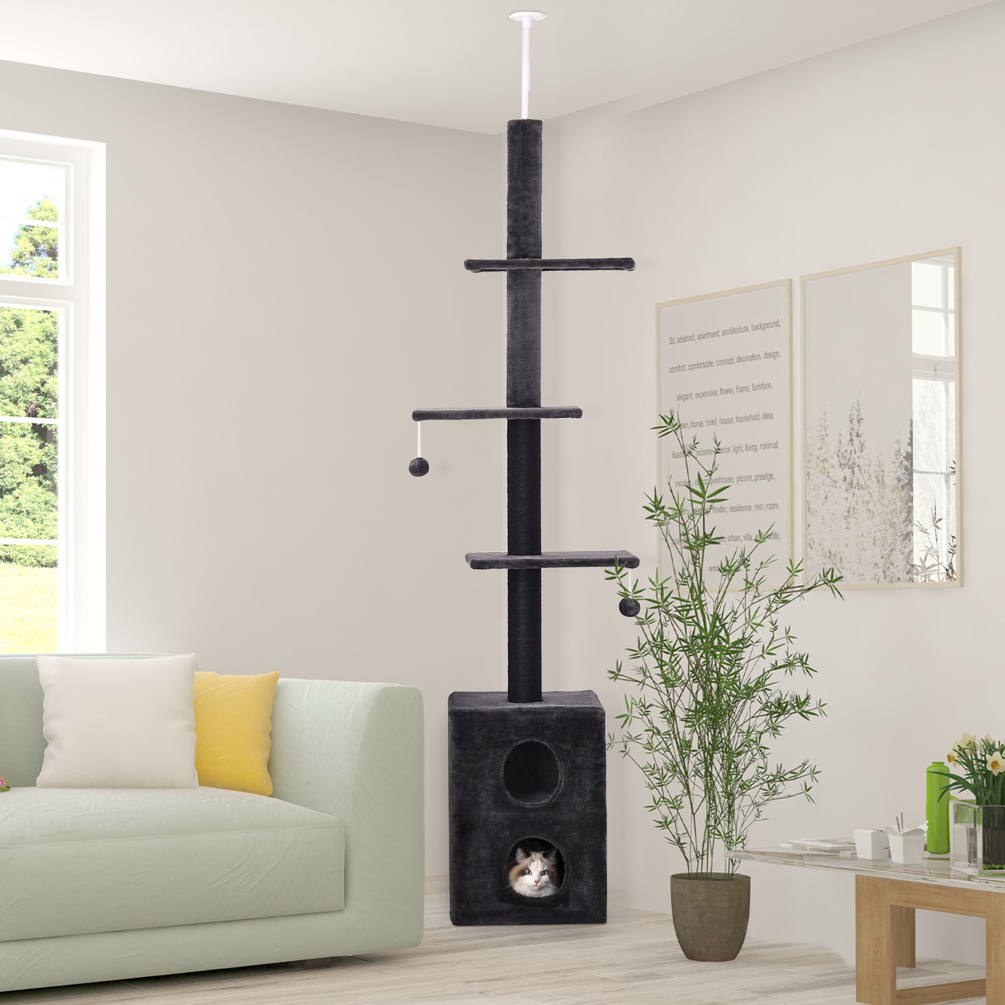 PawHut 86.5"-96.5" Cat Tree Floor to Ceiling Condo w/ Jute Scratching Post Dangling Ball Adjustable, Grey