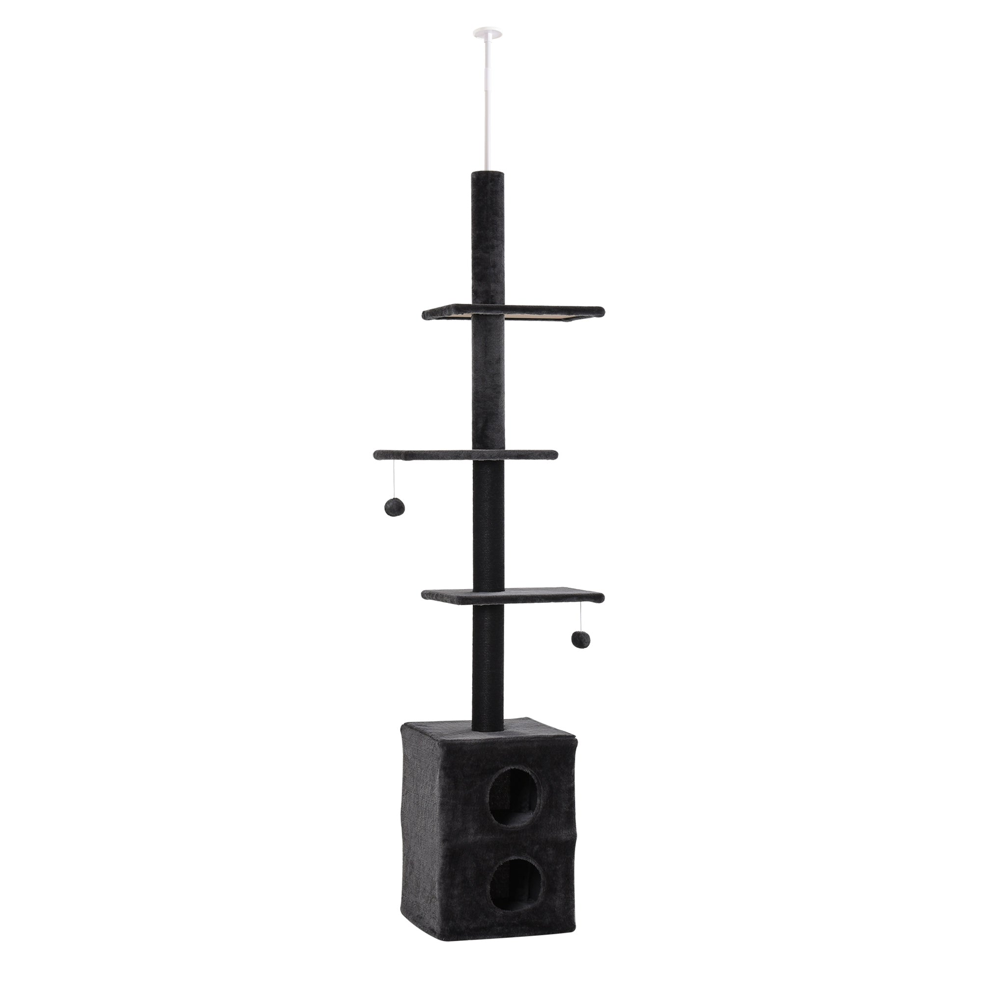 PawHut 86.5"-96.5" Cat Tree Floor to Ceiling Condo w/ Jute Scratching Post Dangling Ball Adjustable, Grey