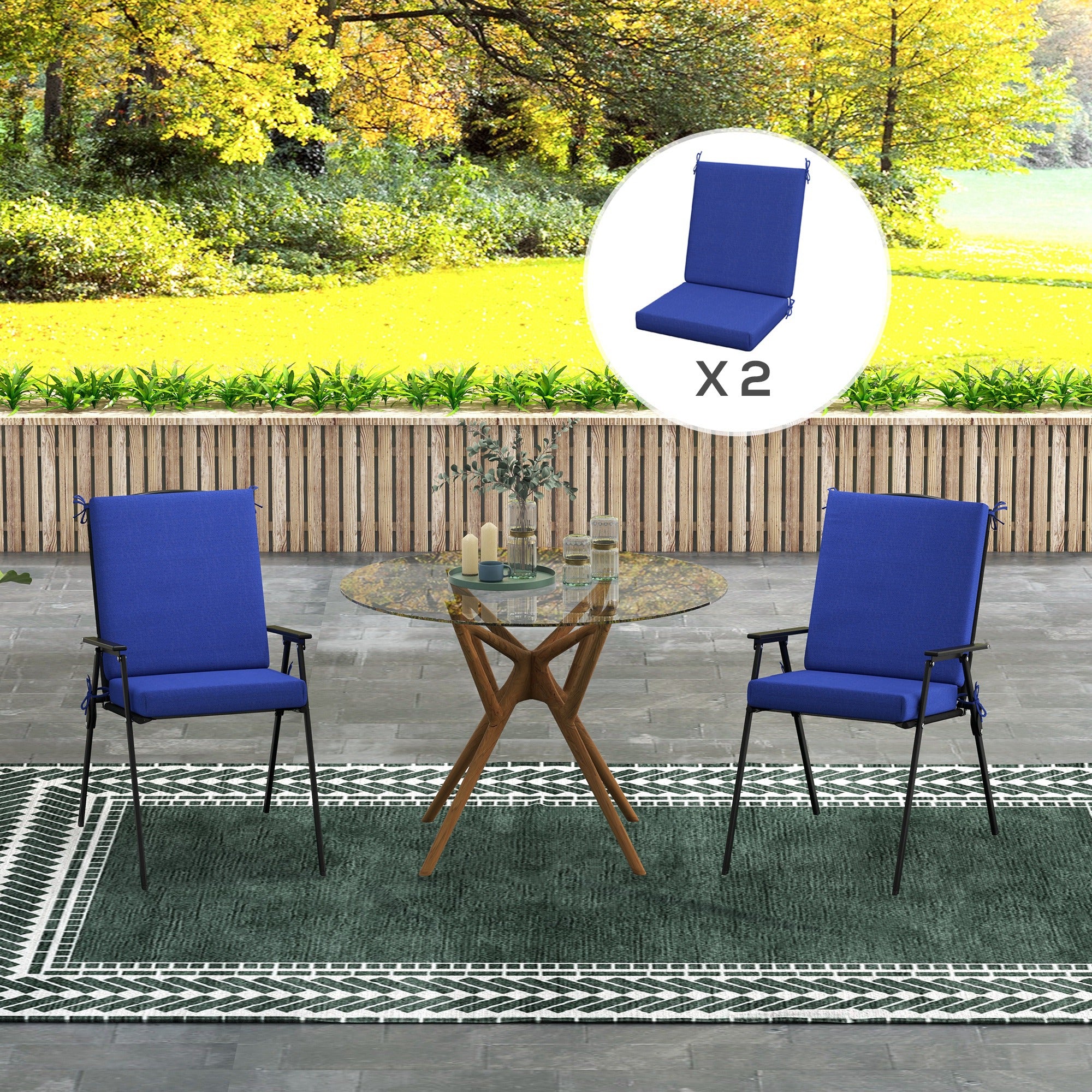 Outsunny Outdoor Chair Cushions Set of 2 for Dining Chairs, Water-Repellent and Fade-Resistant Yarn-Dyed Polyester, Outdoor Seat Cushions with Back Cushions and Ties, Navy Blue
