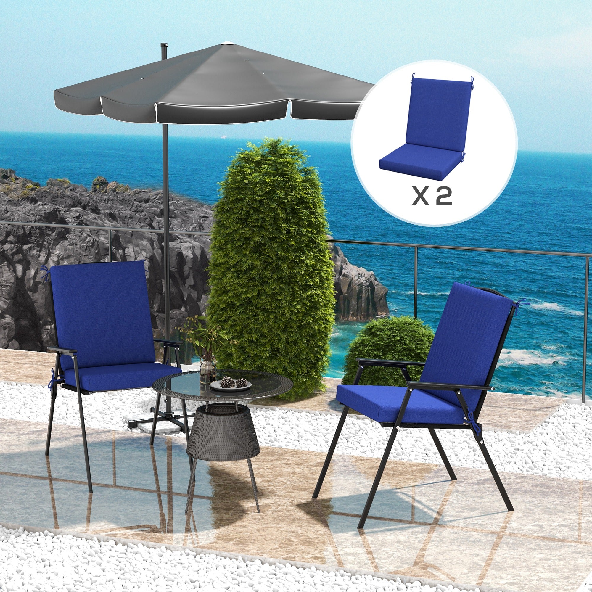 Outsunny Outdoor Chair Cushions Set of 2 for Dining Chairs, Water-Repellent and Fade-Resistant Yarn-Dyed Polyester, Outdoor Seat Cushions with Back Cushions and Ties, Navy Blue