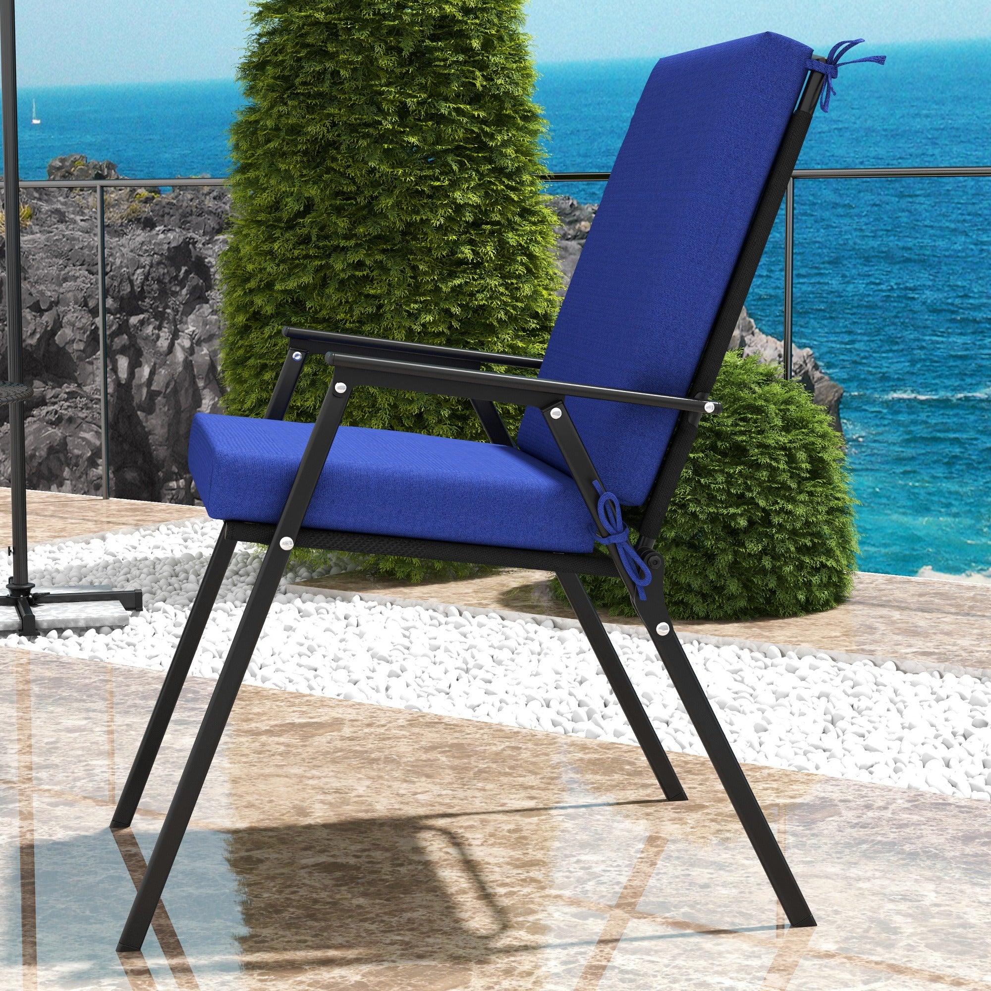 Outsunny Outdoor Chair Cushions Set of 2 for Dining Chairs, Water-Repellent and Fade-Resistant Yarn-Dyed Polyester, Outdoor Seat Cushions with Back Cushions and Ties, Navy Blue