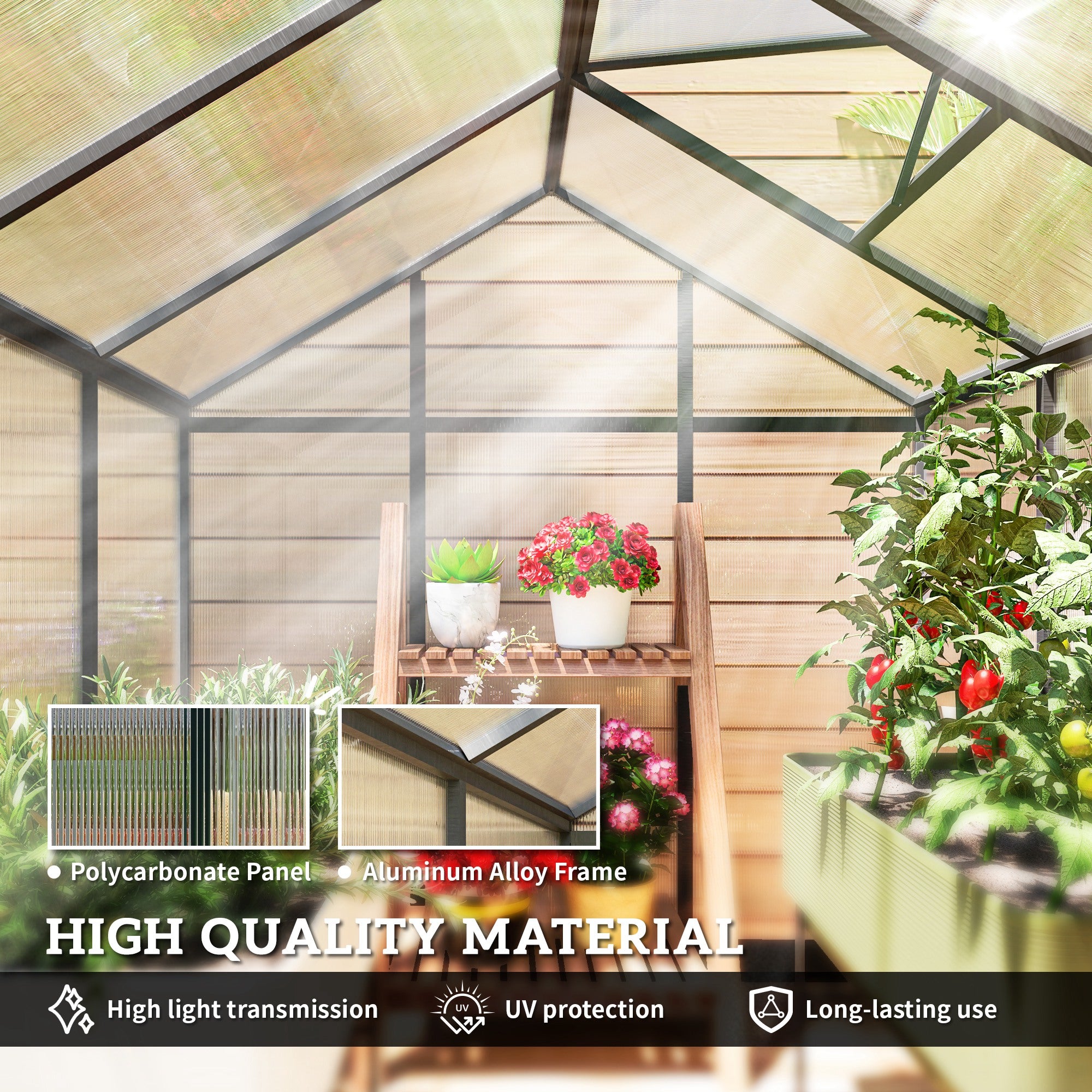 Outsunny 6' x 8' x 6.4' Walk-in Garden Greenhouse Polycarbonate Panels Plants Flower Growth Shed Cold Frame Outdoor Portable Warm House Aluminum Frame, Charcoal Grey