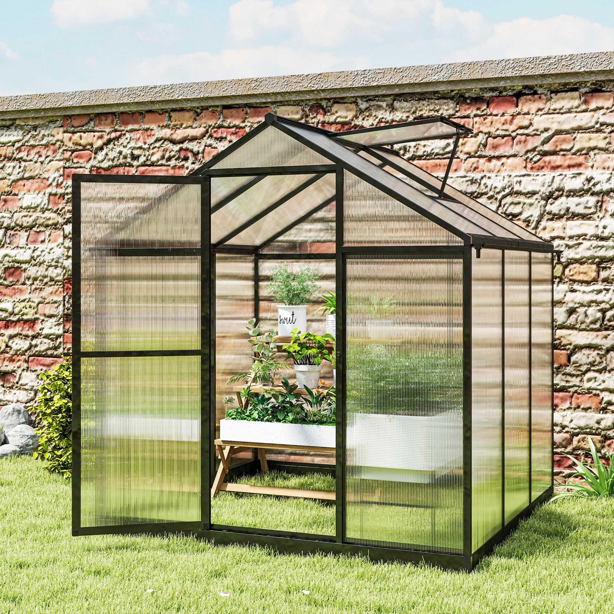 Outsunny 6' x 8' x 6.4' Walk-in Garden Greenhouse Polycarbonate Panels Plants Flower Growth Shed Cold Frame Outdoor Portable Warm House Aluminum Frame, Charcoal Grey