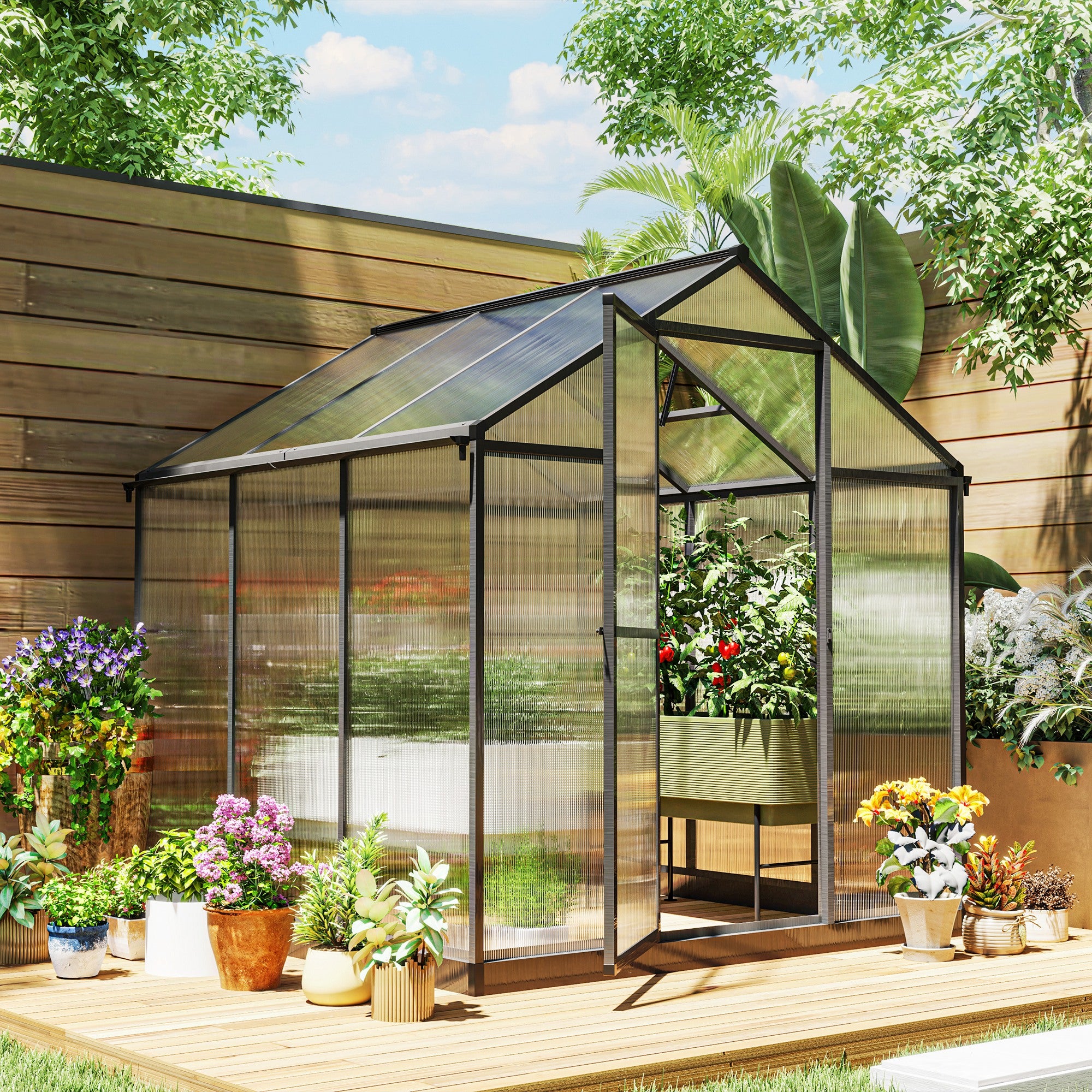 Outsunny 6' x 8' x 6.4' Walk-in Garden Greenhouse Polycarbonate Panels Plants Flower Growth Shed Cold Frame Outdoor Portable Warm House Aluminum Frame, Charcoal Grey