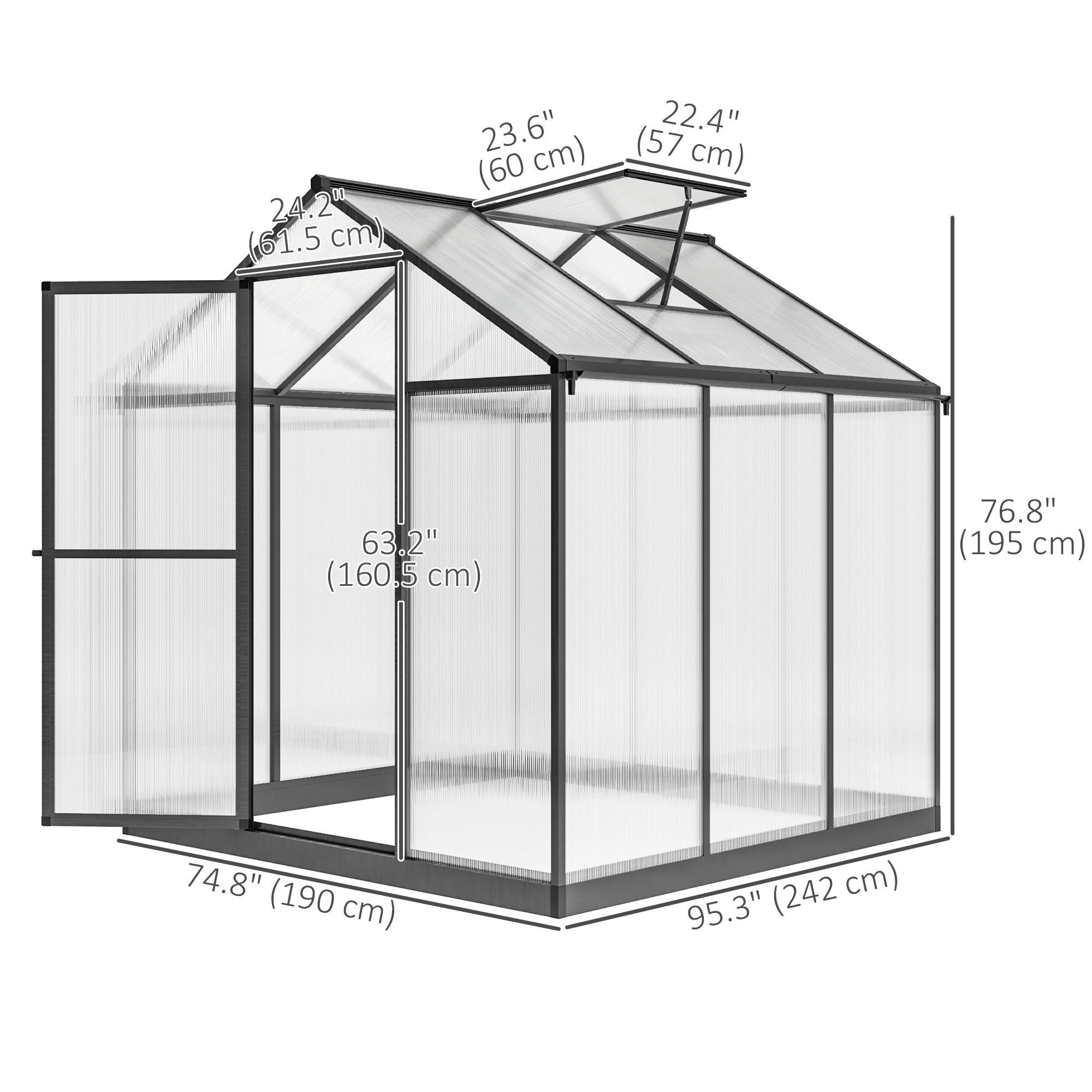Outsunny 6' x 8' x 6.4' Walk-in Garden Greenhouse Polycarbonate Panels Plants Flower Growth Shed Cold Frame Outdoor Portable Warm House Aluminum Frame, Charcoal Grey