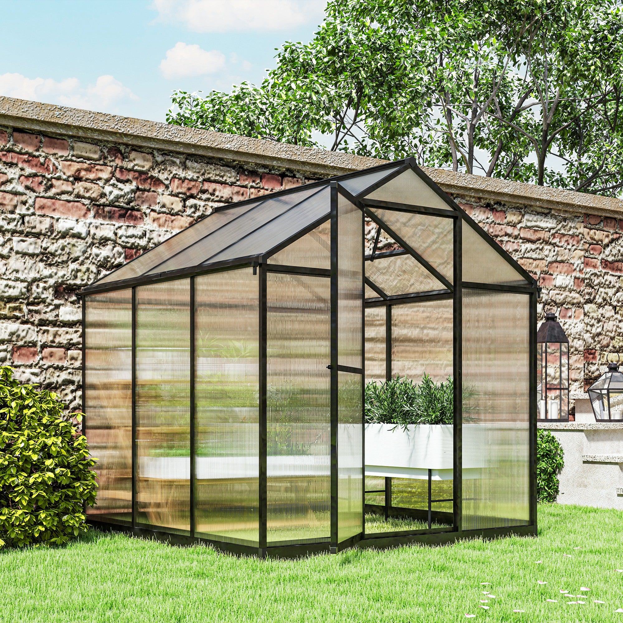 Outsunny 6' x 8' x 6.4' Walk-in Garden Greenhouse Polycarbonate Panels Plants Flower Growth Shed Cold Frame Outdoor Portable Warm House Aluminum Frame, Charcoal Grey