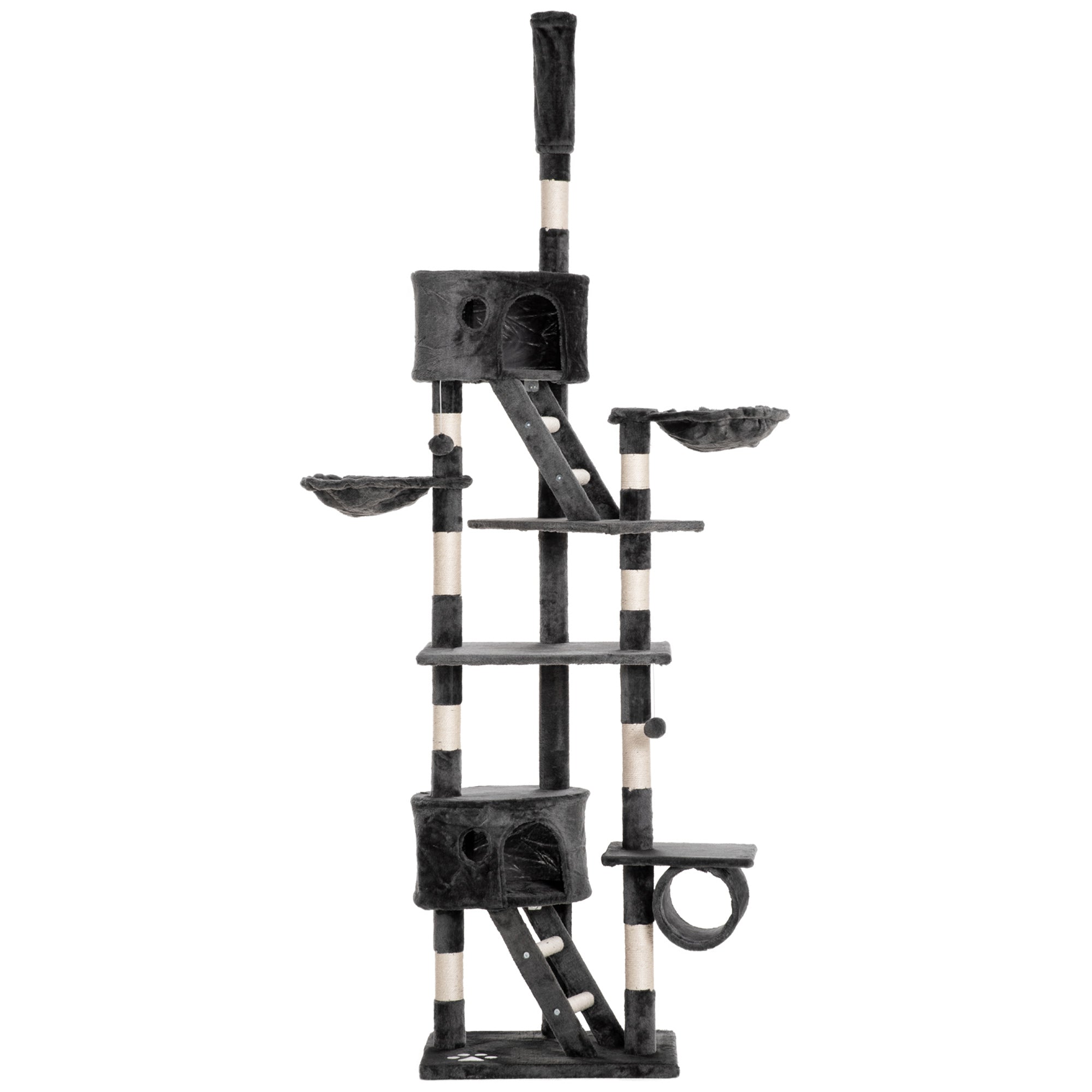 PawHut Floor to Ceiling Cat Tree, 240-260cm Adjustable Height Cat Tower with Scratching Posts, Cat Houses, Ramps, Hammocks, Toy Balls, Tunnel for Indoor Cats - Dark Grey