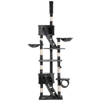 PawHut Floor to Ceiling Cat Tree, 240-260cm Adjustable Height Cat Tower with Scratching Posts, Cat Houses, Ramps, Hammocks, Toy Balls, Tunnel for Indoor Cats - Dark Grey