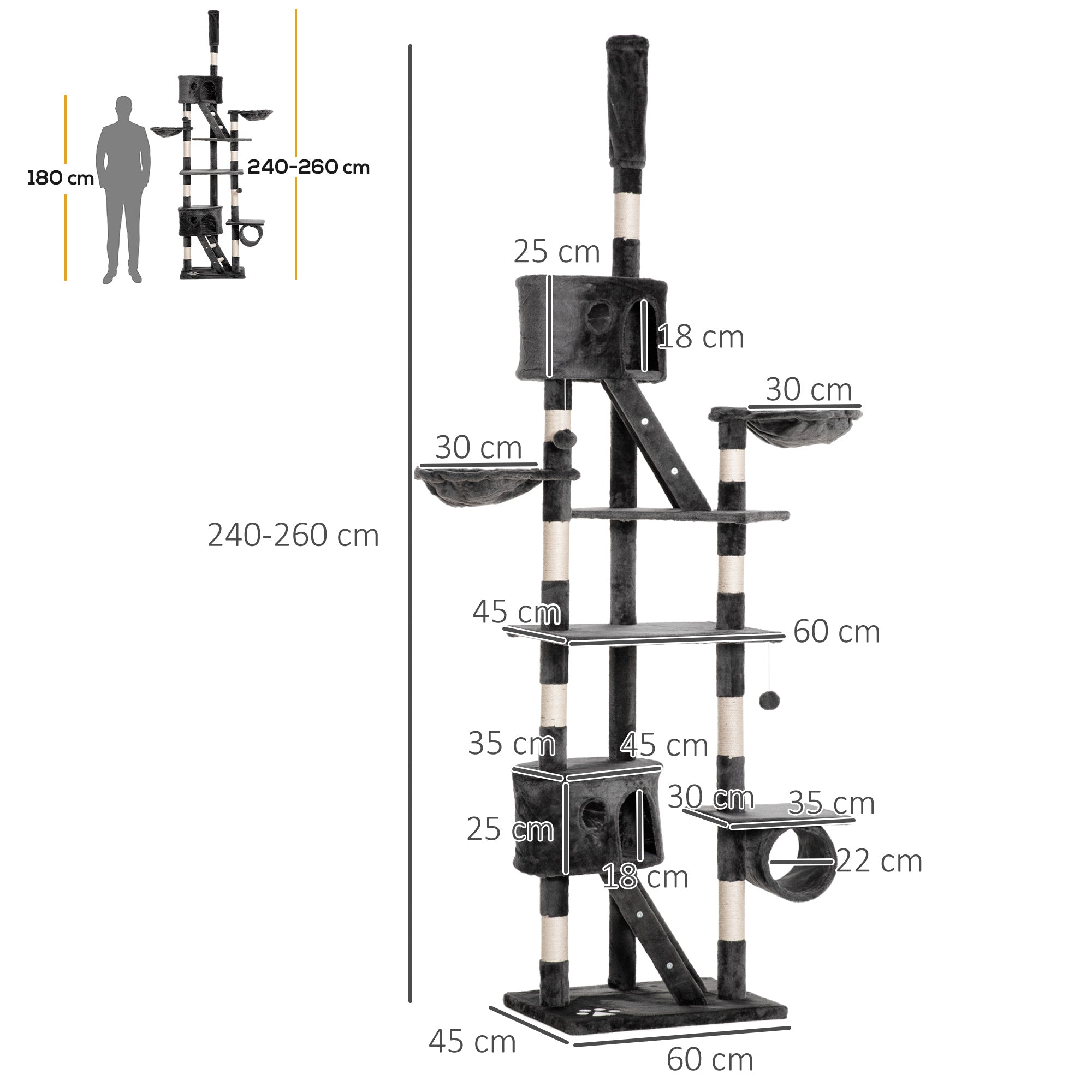 PawHut Floor to Ceiling Cat Tree, 240-260cm Adjustable Height Cat Tower with Scratching Posts, Cat Houses, Ramps, Hammocks, Toy Balls, Tunnel for Indoor Cats - Dark Grey