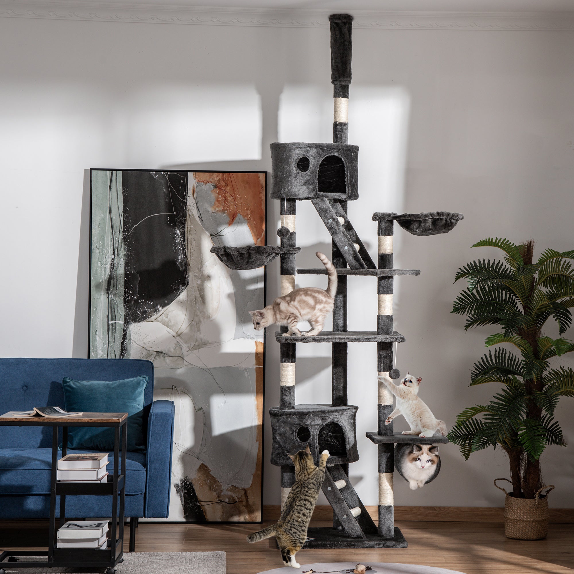 PawHut Floor to Ceiling Cat Tree, 240-260cm Adjustable Height Cat Tower with Scratching Posts, Cat Houses, Ramps, Hammocks, Toy Balls, Tunnel for Indoor Cats - Dark Grey