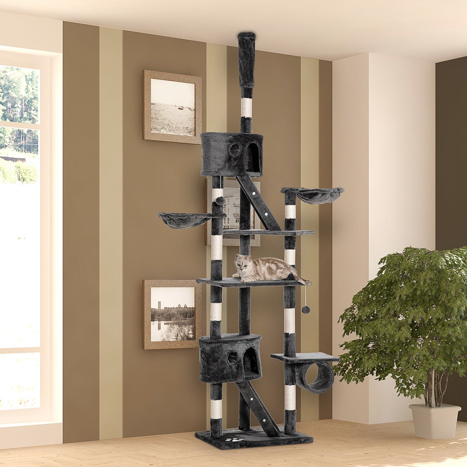 PawHut Cat Tower for Large Cats Adult, Floor to Ceiling Cat Tree Adjustable Height 94"-102" Multi-Level with Scratching Posts, Cozy Hammock, Dangling Ball Toy, Grey