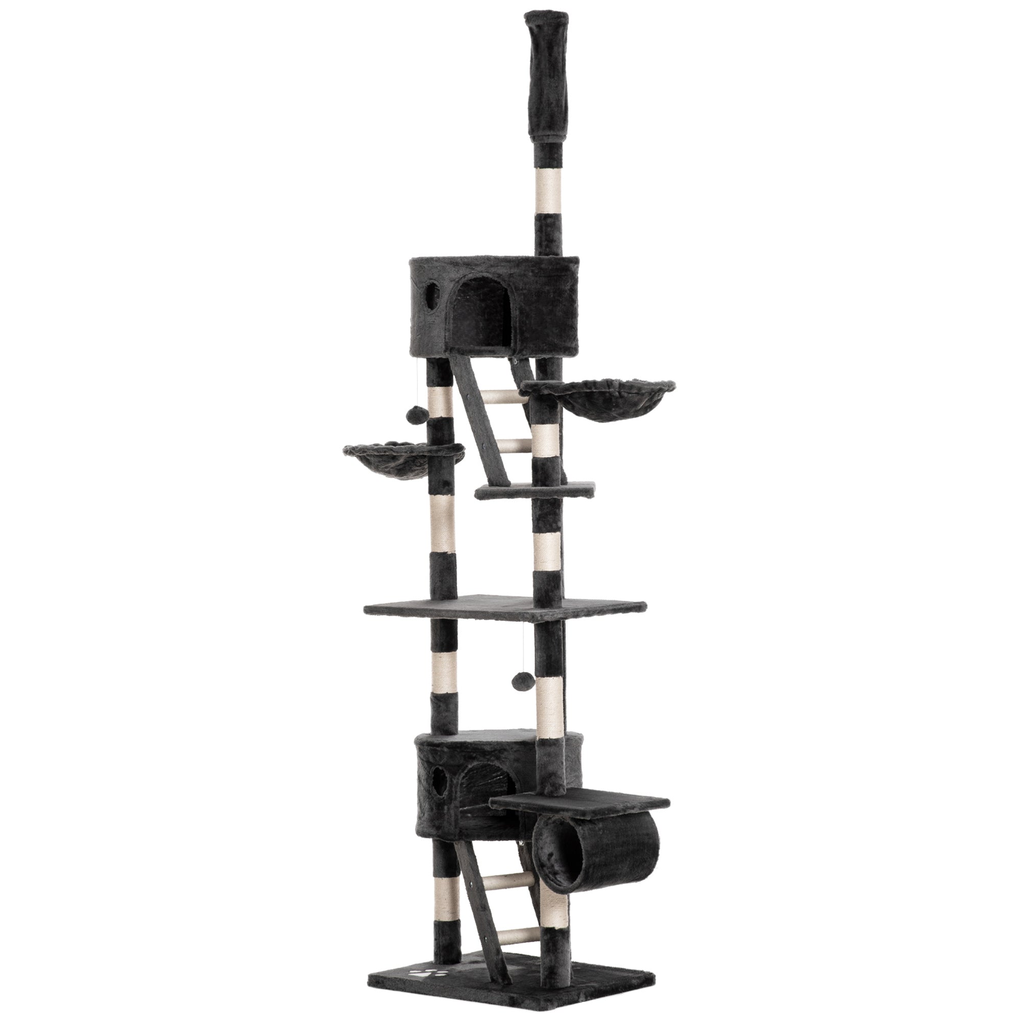 PawHut Floor to Ceiling Cat Tree, 240-260cm Adjustable Height Cat Tower with Scratching Posts, Cat Houses, Ramps, Hammocks, Toy Balls, Tunnel for Indoor Cats - Dark Grey