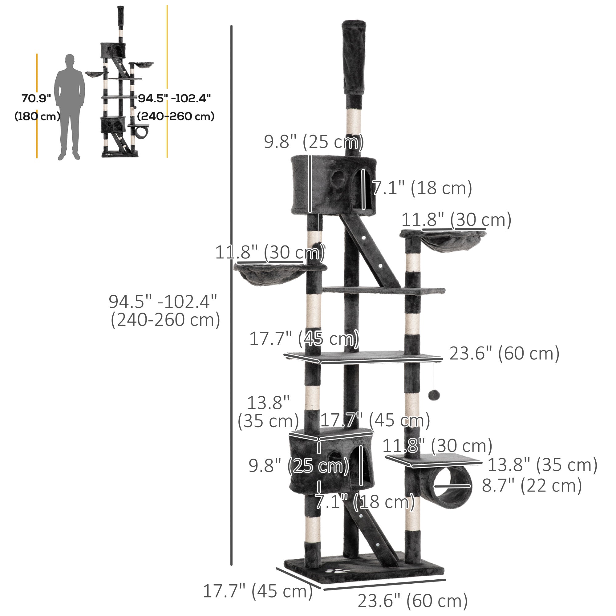 PawHut Cat Tower for Large Cats Adult, Floor to Ceiling Cat Tree Adjustable Height 94"-102" Multi-Level with Scratching Posts, Cozy Hammock, Dangling Ball Toy, Grey