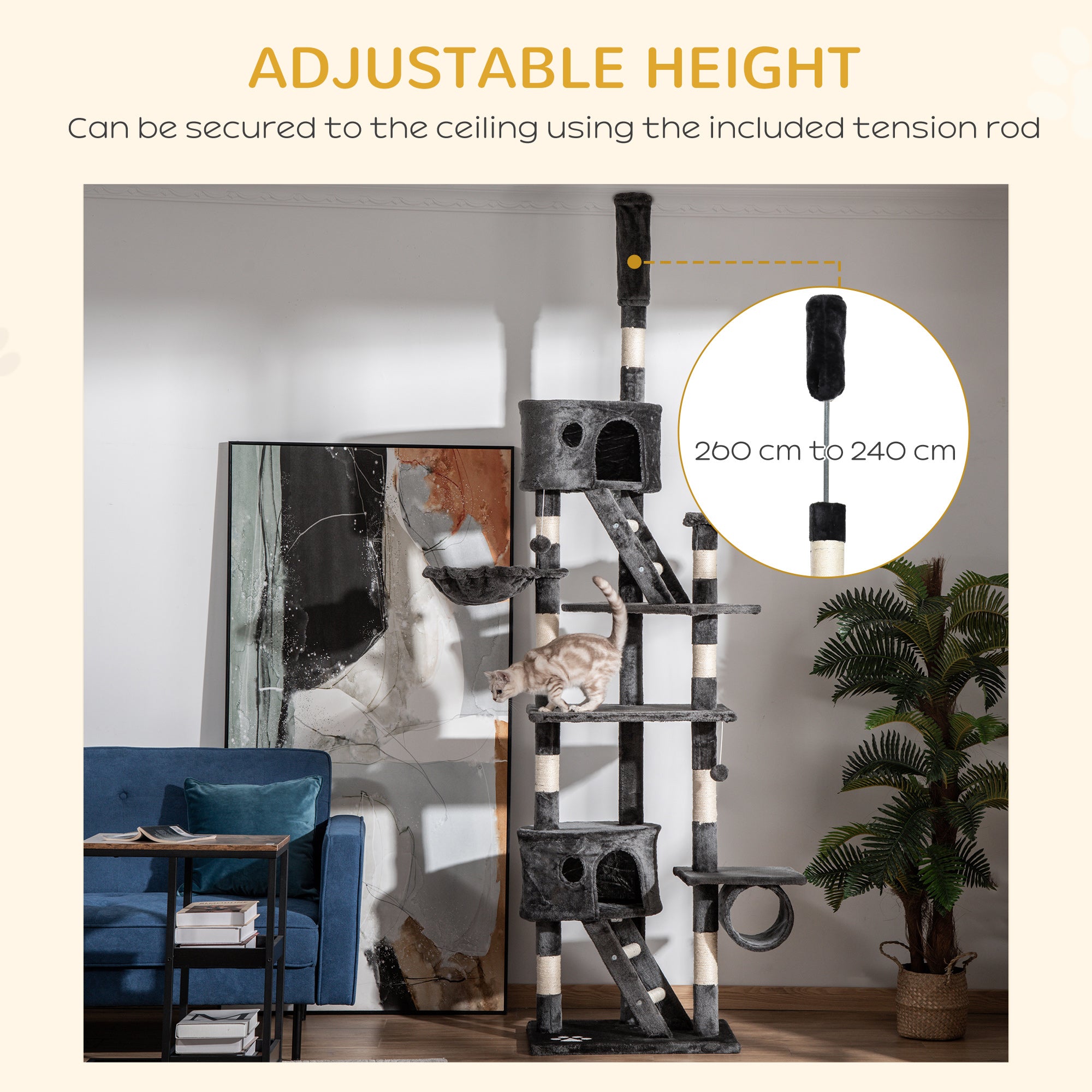 PawHut Floor to Ceiling Cat Tree, 240-260cm Adjustable Height Cat Tower with Scratching Posts, Cat Houses, Ramps, Hammocks, Toy Balls, Tunnel for Indoor Cats - Dark Grey