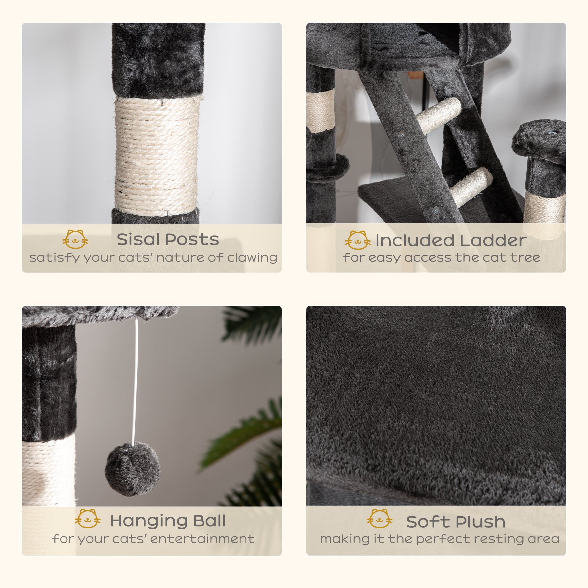 PawHut Cat Tower for Large Cats Adult, Floor to Ceiling Cat Tree Adjustable Height 94"-102" Multi-Level with Scratching Posts, Cozy Hammock, Dangling Ball Toy, Grey