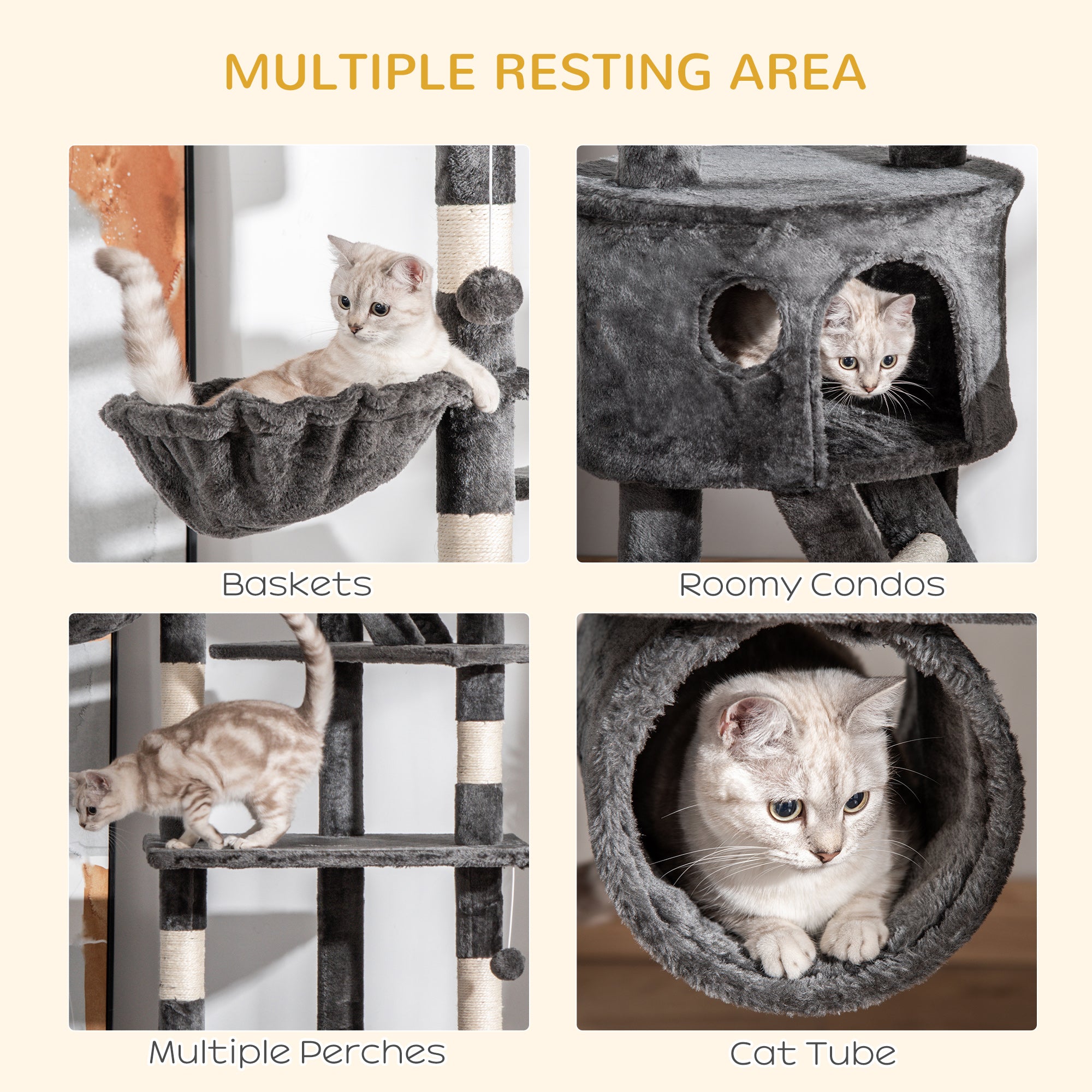 PawHut Cat Tower for Large Cats Adult, Floor to Ceiling Cat Tree Adjustable Height 94"-102" Multi-Level with Scratching Posts, Cozy Hammock, Dangling Ball Toy, Grey
