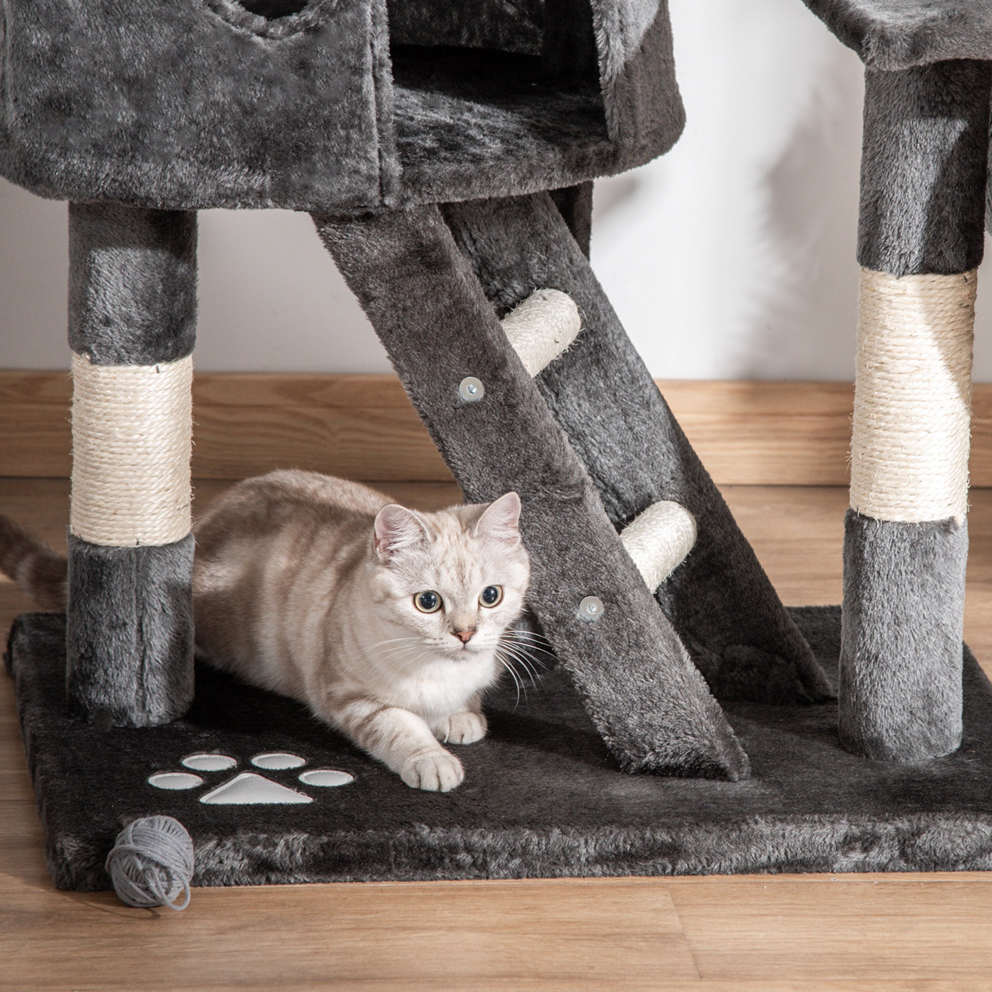 PawHut Cat Tower for Large Cats Adult, Floor to Ceiling Cat Tree Adjustable Height 94"-102" Multi-Level with Scratching Posts, Cozy Hammock, Dangling Ball Toy, Grey