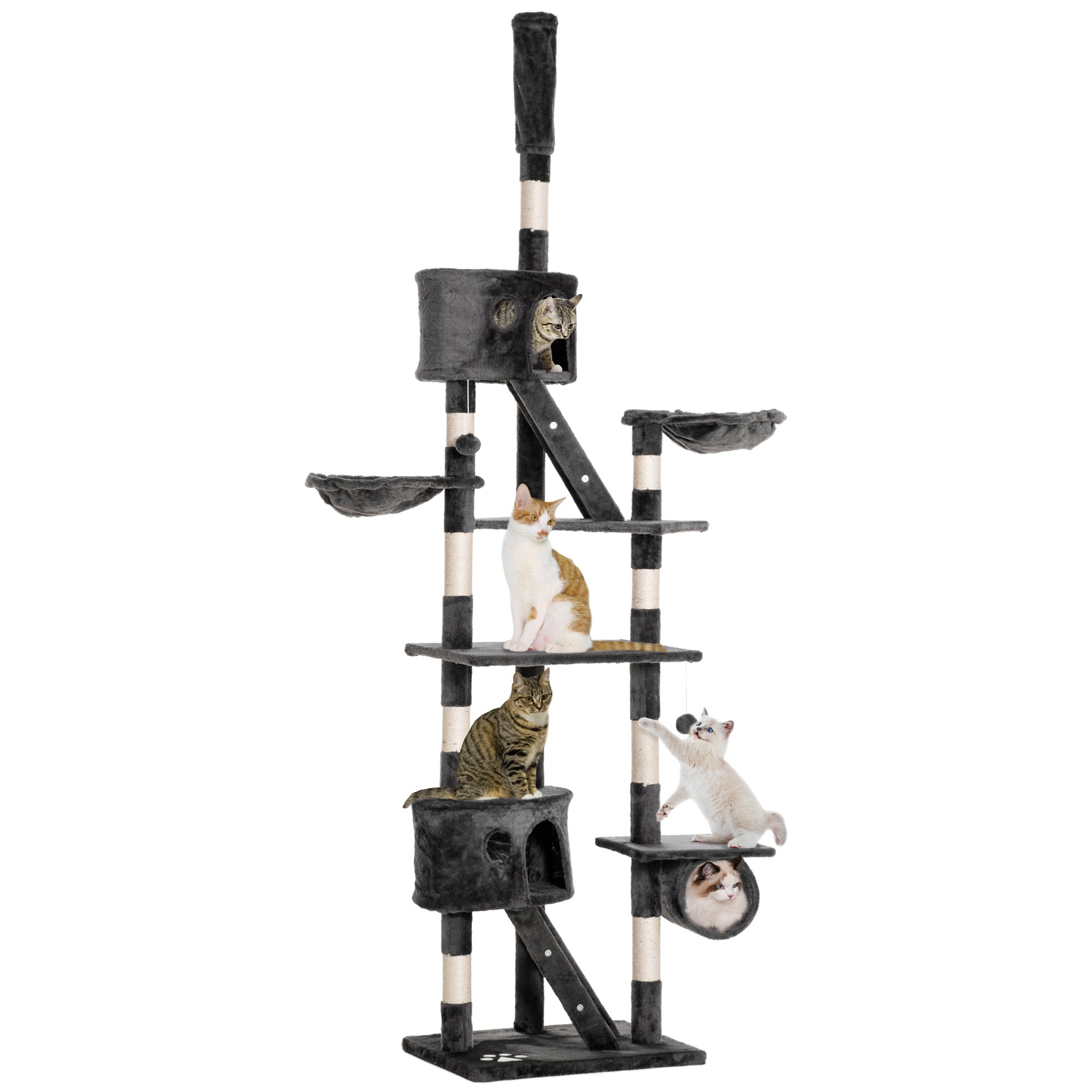 PawHut Cat Tower for Large Cats Adult, Floor to Ceiling Cat Tree Adjustable Height 94"-102" Multi-Level with Scratching Posts, Cozy Hammock, Dangling Ball Toy, Grey