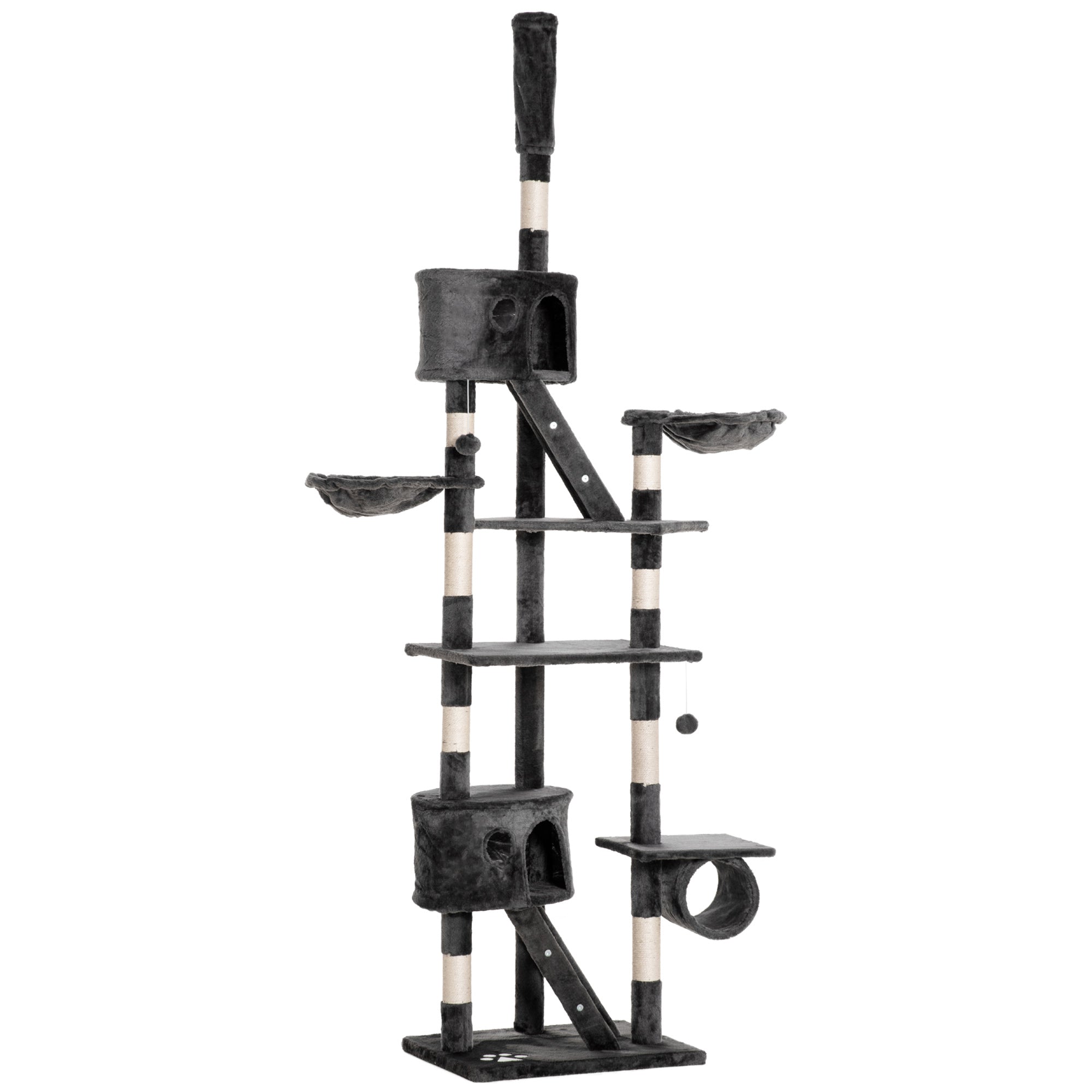 PawHut Floor to Ceiling Cat Tree, 240-260cm Adjustable Height Cat Tower with Scratching Posts, Cat Houses, Ramps, Hammocks, Toy Balls, Tunnel for Indoor Cats - Dark Grey