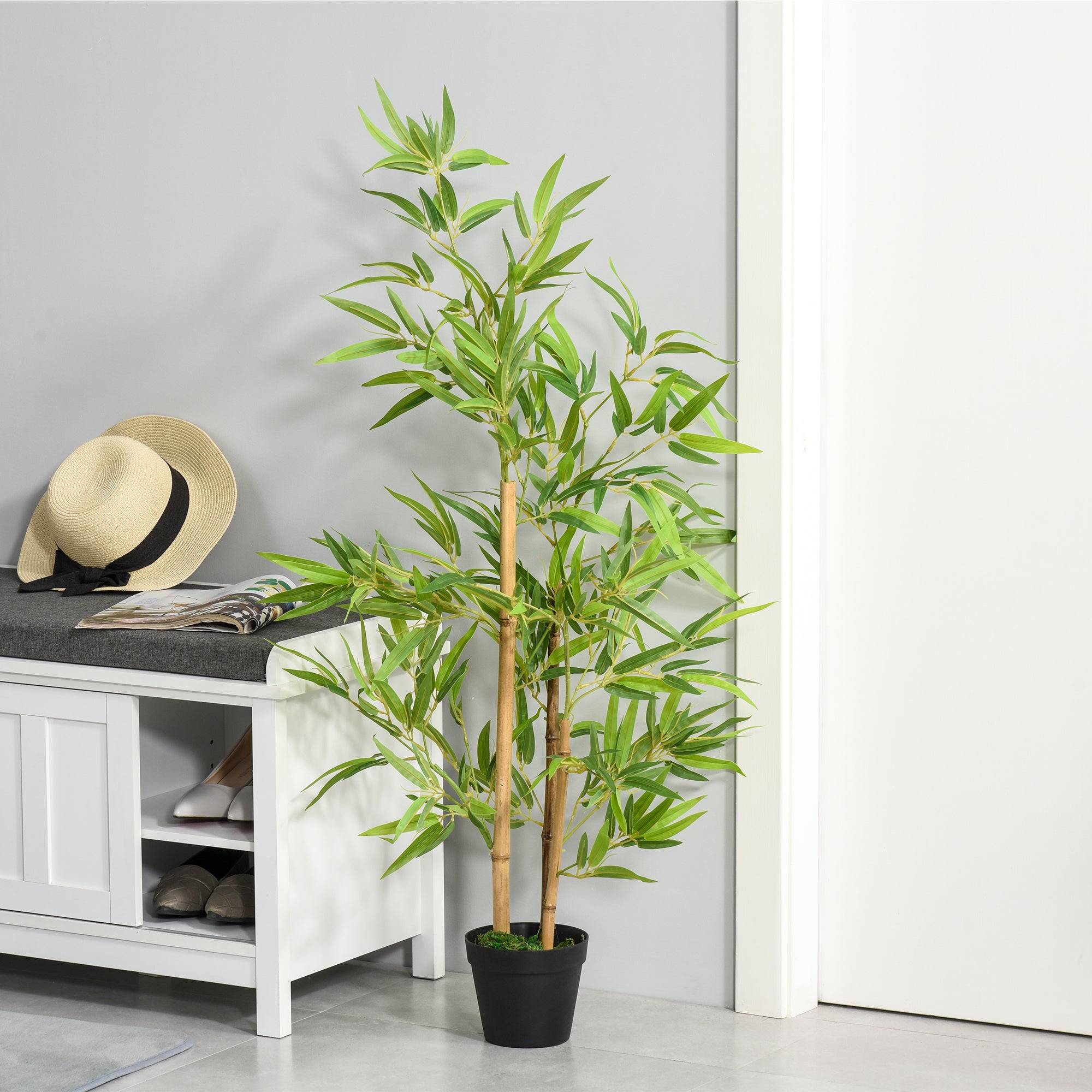 Outsunny 4FT Bamboo Silk Artificial Tree Fake Tropical Tree Imitation Leaf Faux Decorative Plant in Nursery Pot for Indoor Outdoor Decor