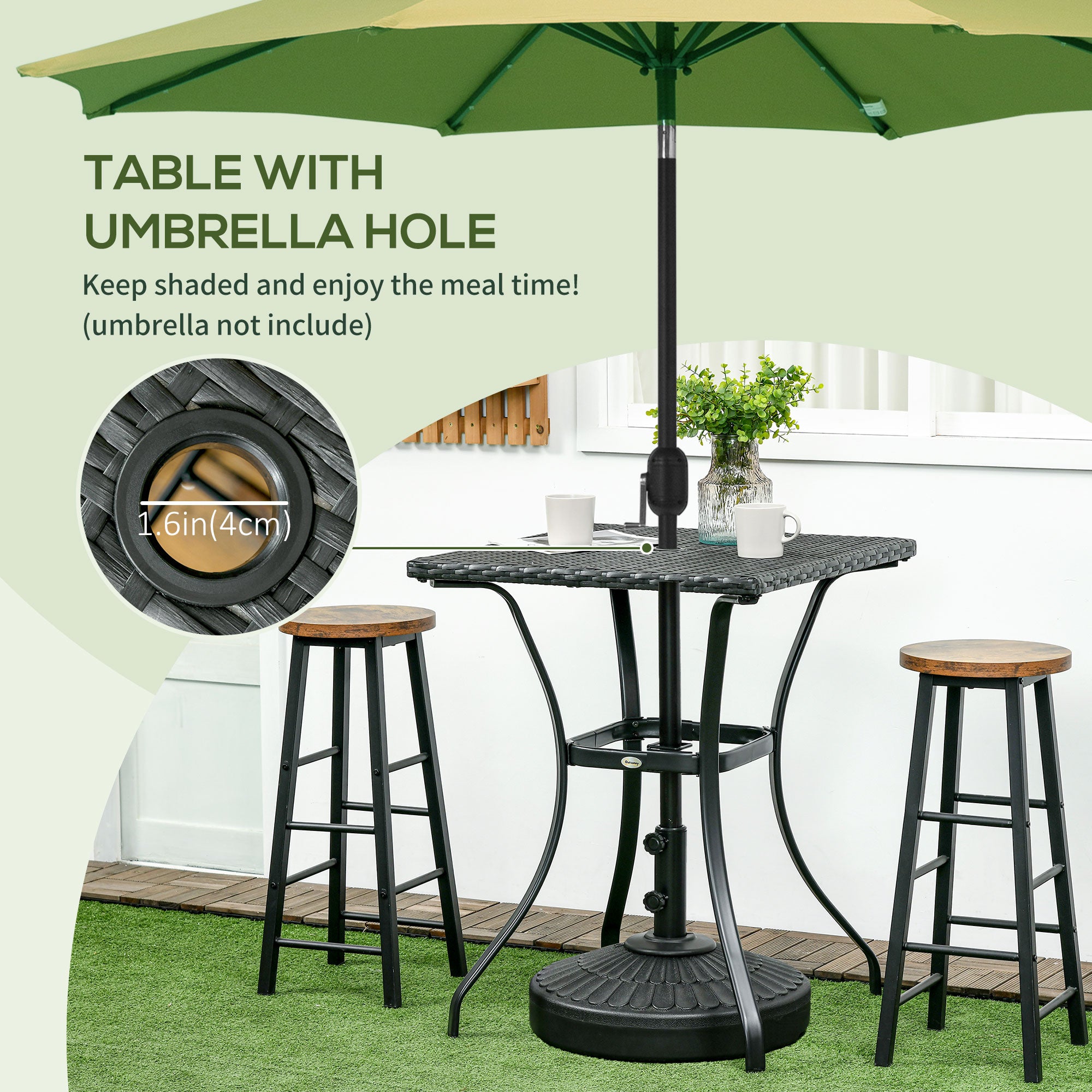 Outsunny Patio Wicker Dining Table with Umbrella Hole, 34 Inch Outdoor PE Rattan Coffee Table with Plastic Board Under the Woven Table Top for Patio, Garden, Balcony, Black