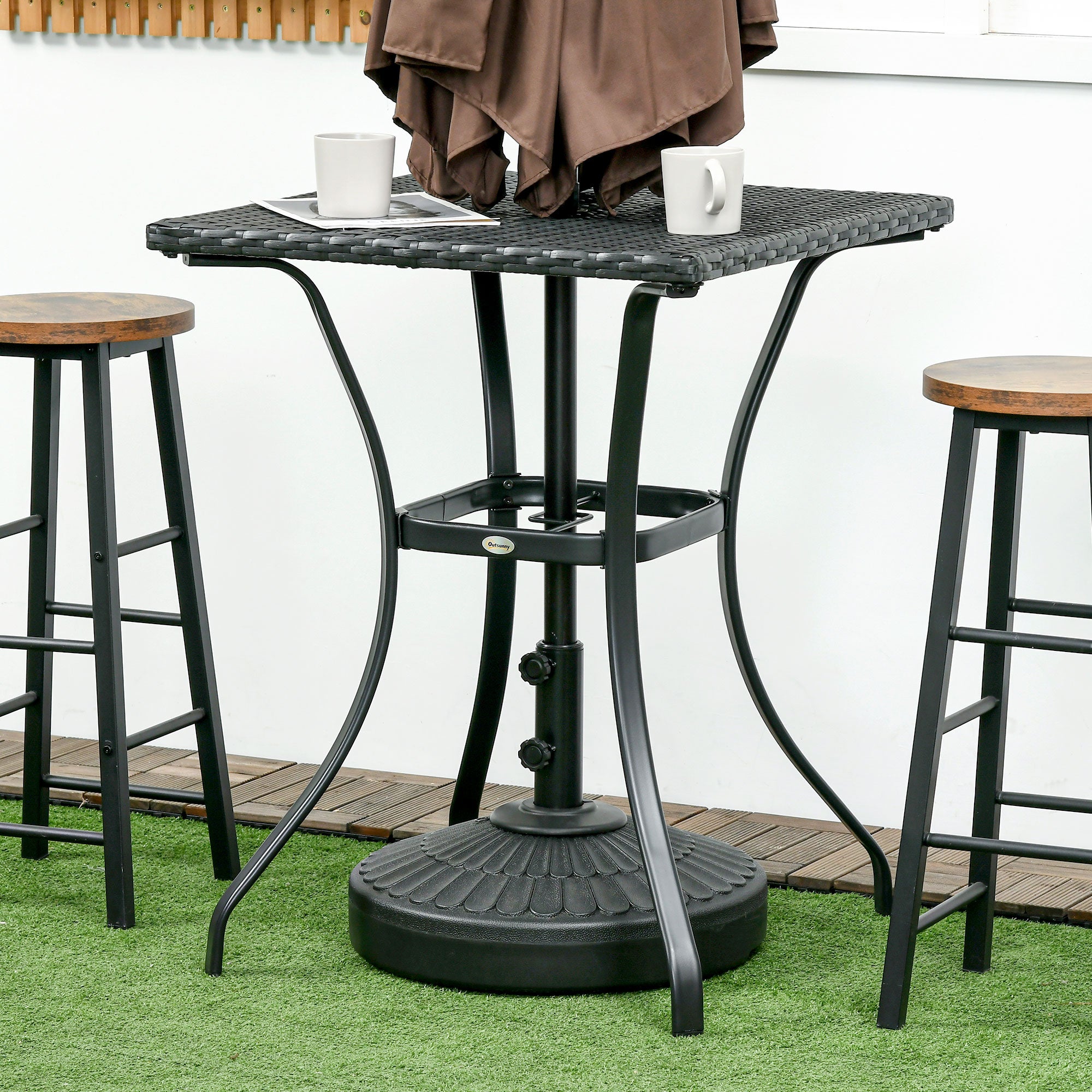 Outsunny Patio Wicker Dining Table with Umbrella Hole, 34 Inch Outdoor PE Rattan Coffee Table with Plastic Board Under the Woven Table Top for Patio, Garden, Balcony, Black