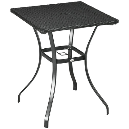 Outsunny Patio Wicker Dining Table with Umbrella Hole, 34 Inch Outdoor PE Rattan Coffee Table with Plastic Board Under the Woven Table Top for Patio, Garden, Balcony, Black