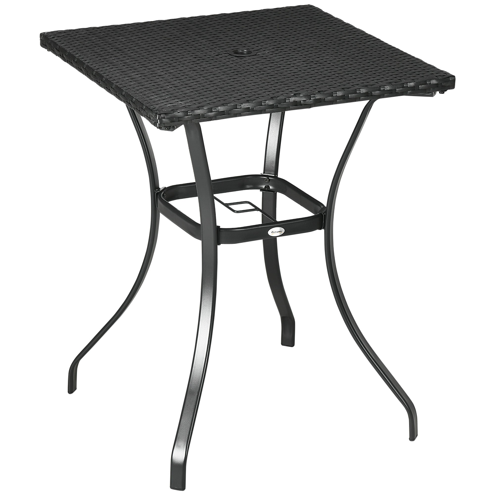 Outsunny Patio Wicker Dining Table with Umbrella Hole, 34 Inch Outdoor PE Rattan Coffee Table with Plastic Board Under the Woven Table Top for Patio, Garden, Balcony, Black