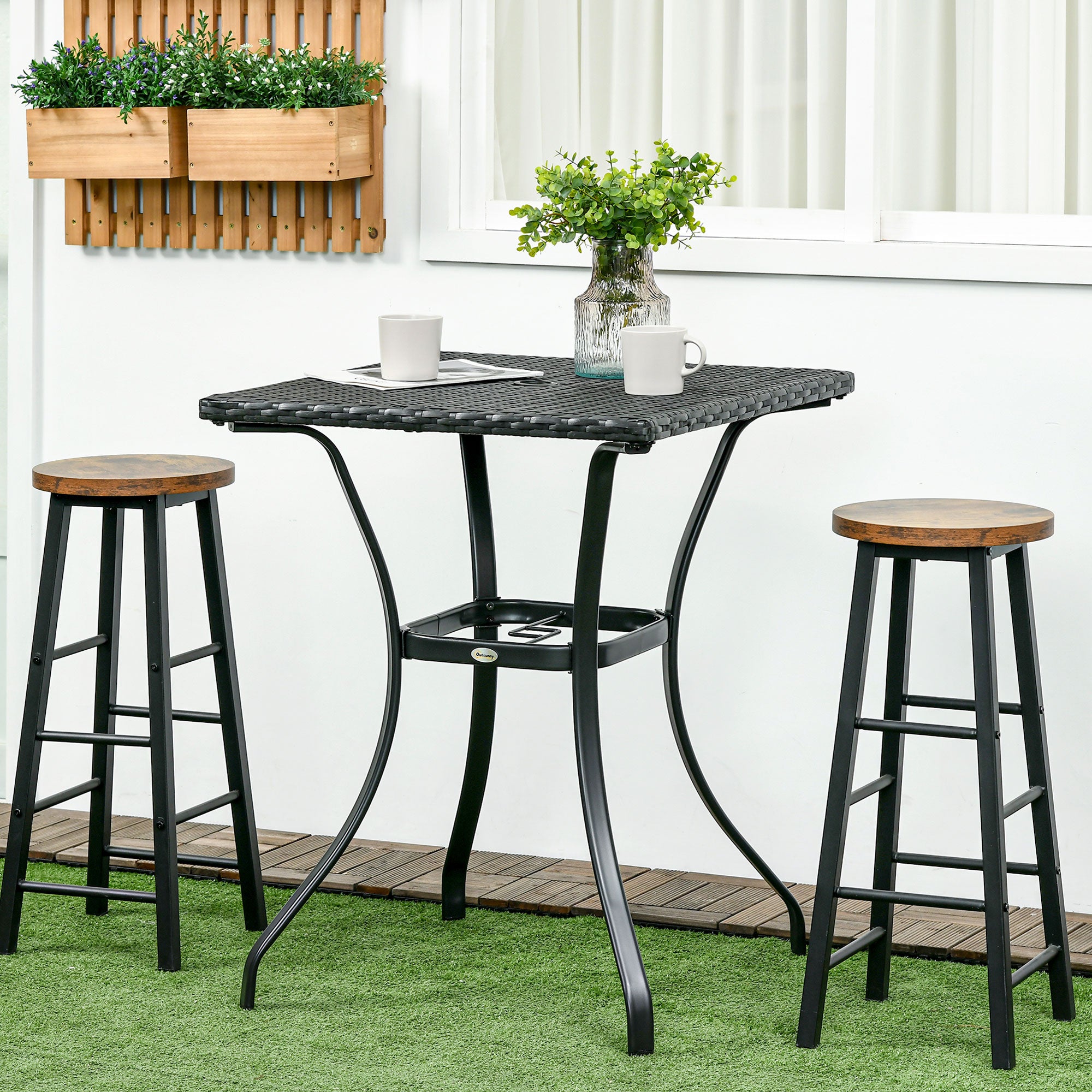 Outsunny Patio Wicker Dining Table with Umbrella Hole, 34 Inch Outdoor PE Rattan Coffee Table with Plastic Board Under the Woven Table Top for Patio, Garden, Balcony, Black