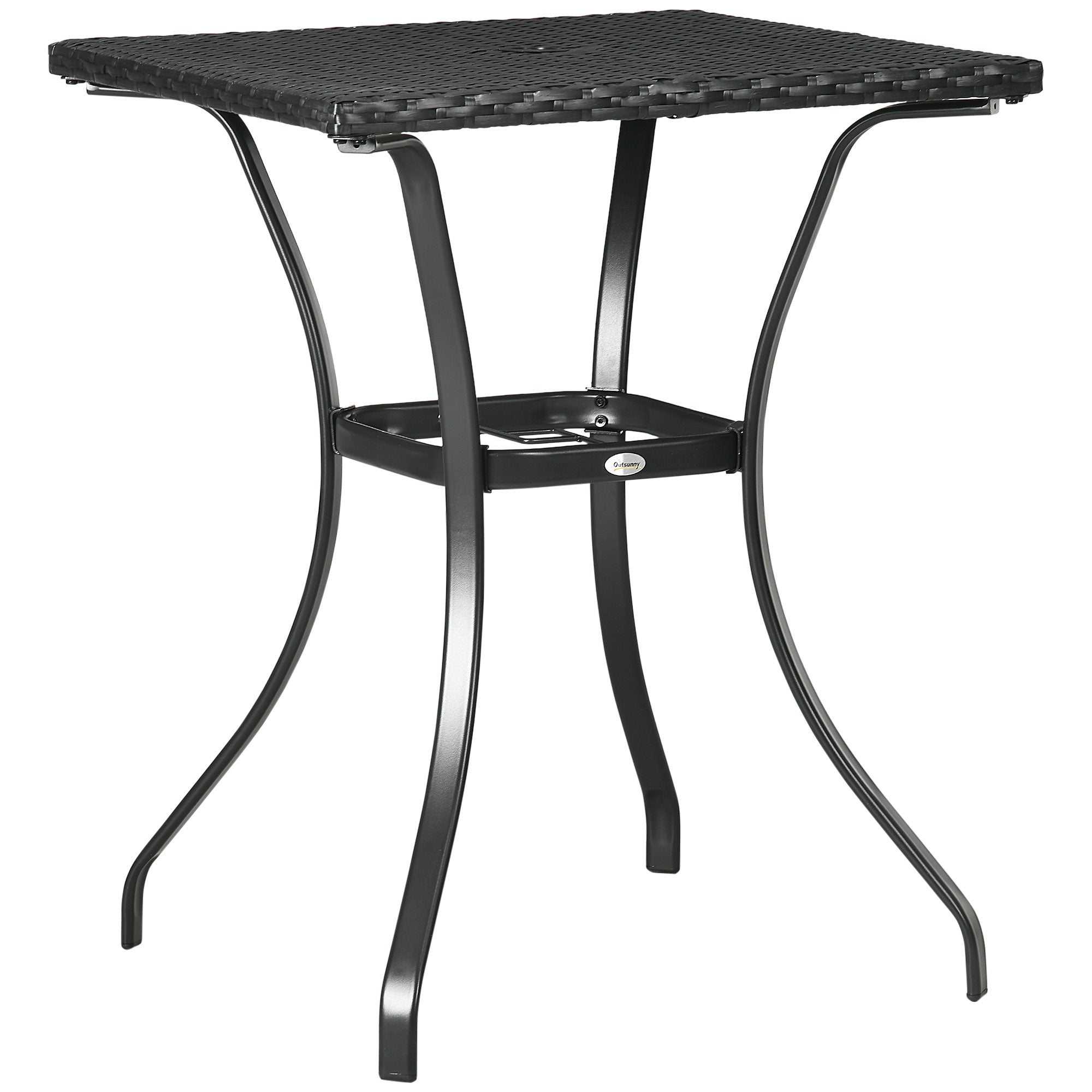 Outsunny Patio Wicker Dining Table with Umbrella Hole, 34 Inch Outdoor PE Rattan Coffee Table with Plastic Board Under the Woven Table Top for Patio, Garden, Balcony, Black