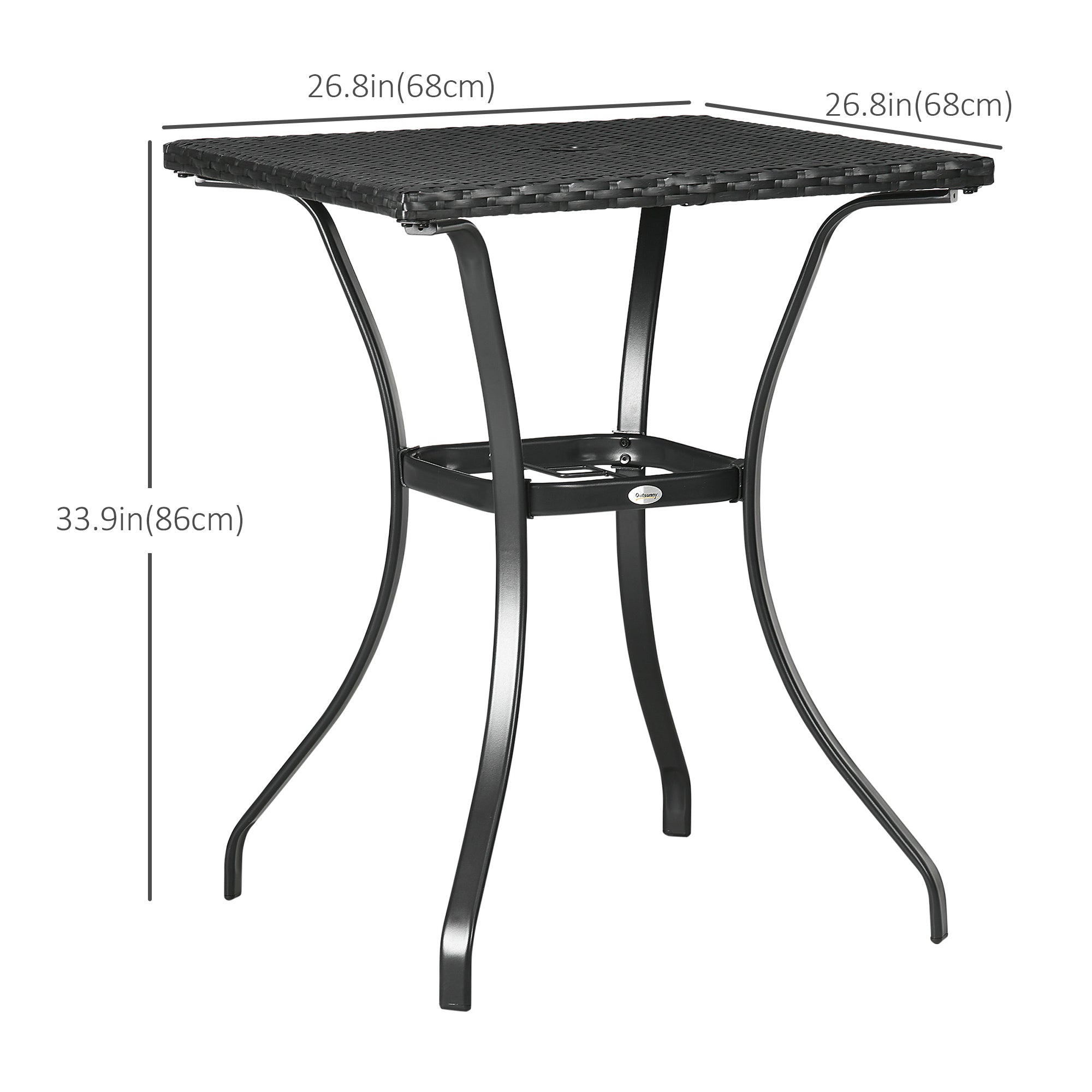 Outsunny Patio Wicker Dining Table with Umbrella Hole, 34 Inch Outdoor PE Rattan Coffee Table with Plastic Board Under the Woven Table Top for Patio, Garden, Balcony, Black