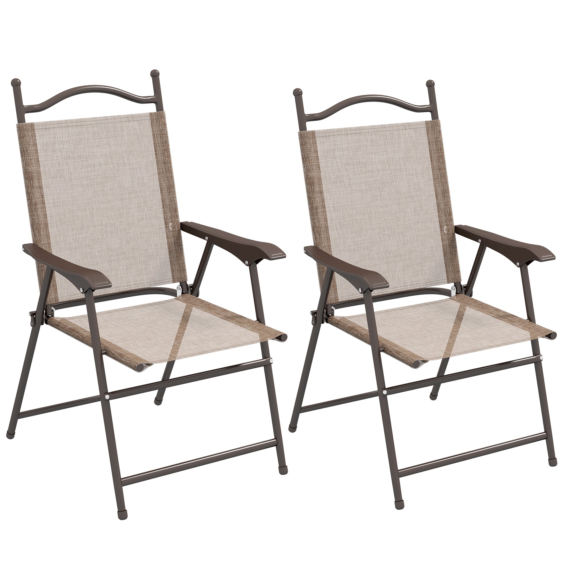 Outsunny Patio Chairs Set of 2, Sports Chairs for Adults, Camping Chairs with Armrest, Breathable Mesh Fabric Seat for Lawn, Brown