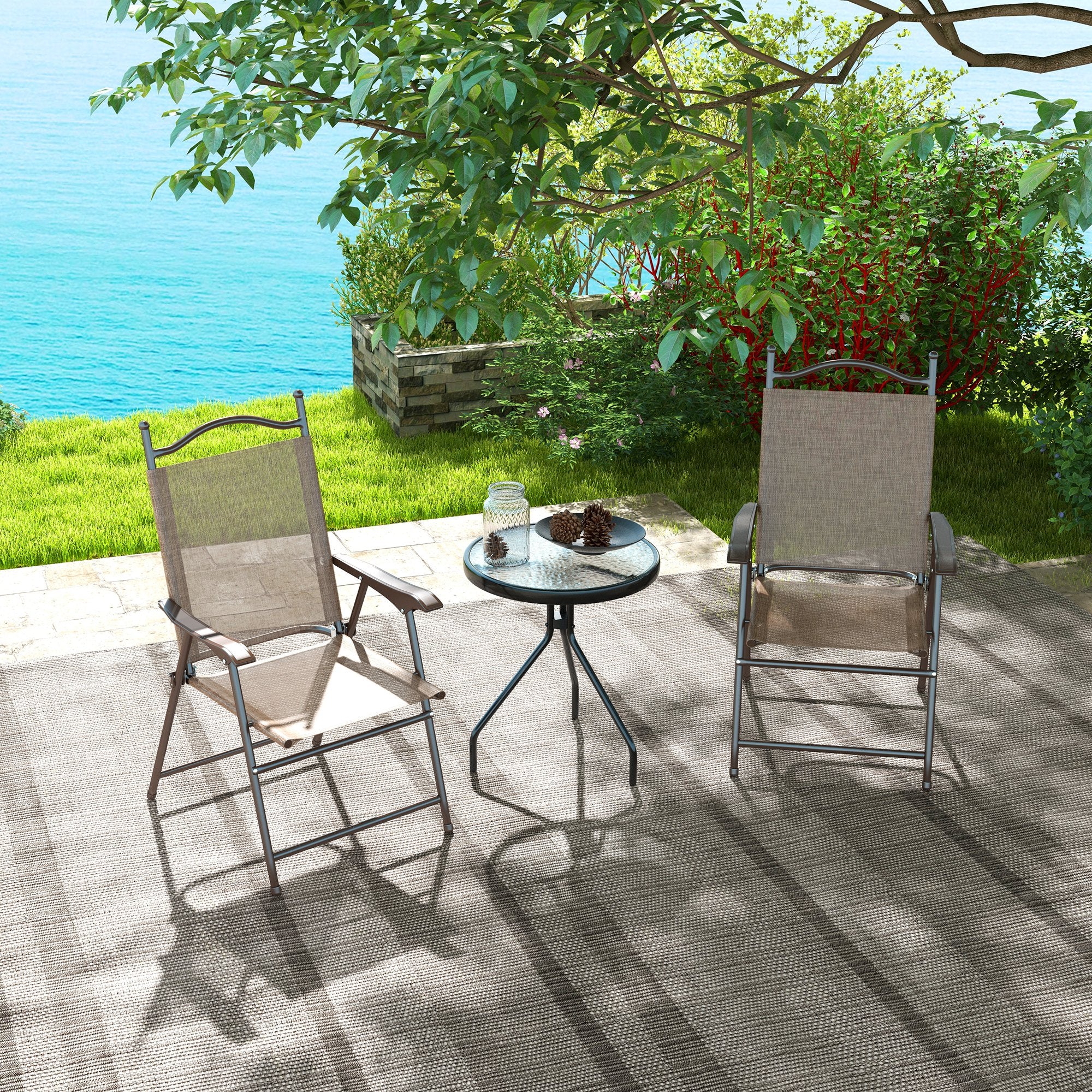 Outsunny Patio Chairs Set of 2, Sports Chairs for Adults, Camping Chairs with Armrest, Breathable Mesh Fabric Seat for Lawn, Brown