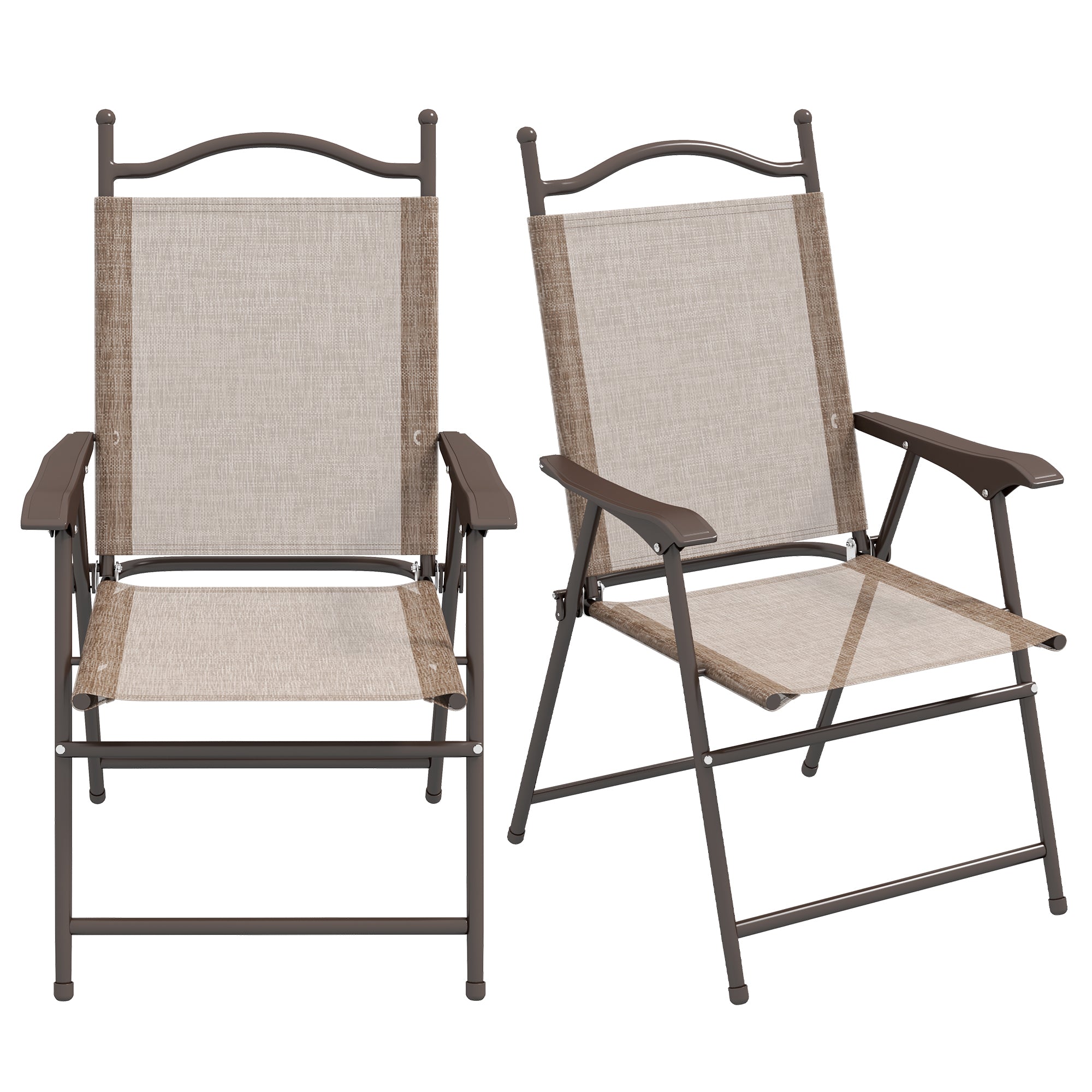 Outsunny Patio Chairs Set of 2, Sports Chairs for Adults, Camping Chairs with Armrest, Breathable Mesh Fabric Seat for Lawn, Brown