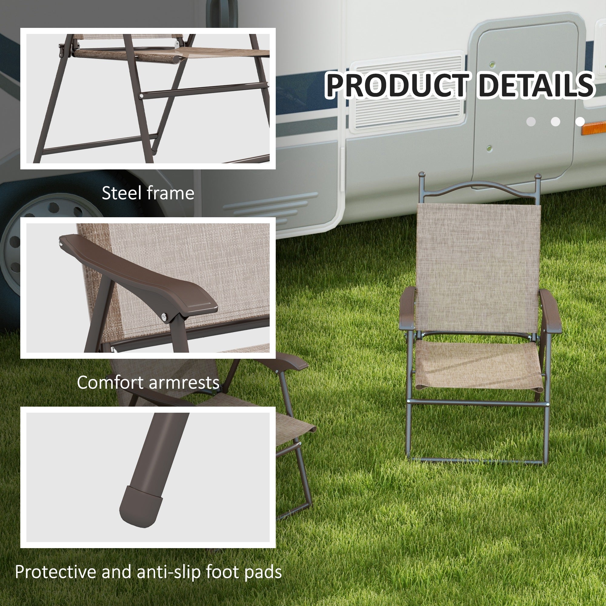 Outsunny Patio Chairs Set of 2, Sports Chairs for Adults, Camping Chairs with Armrest, Breathable Mesh Fabric Seat for Lawn, Brown