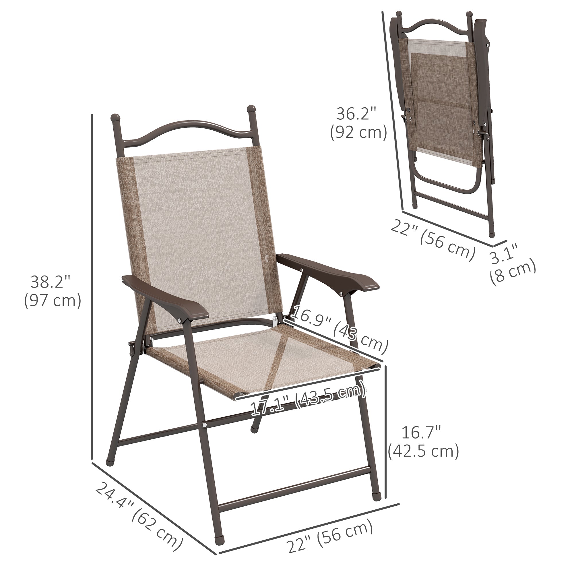 Outsunny Patio Chairs Set of 2, Sports Chairs for Adults, Camping Chairs with Armrest, Breathable Mesh Fabric Seat for Lawn, Brown