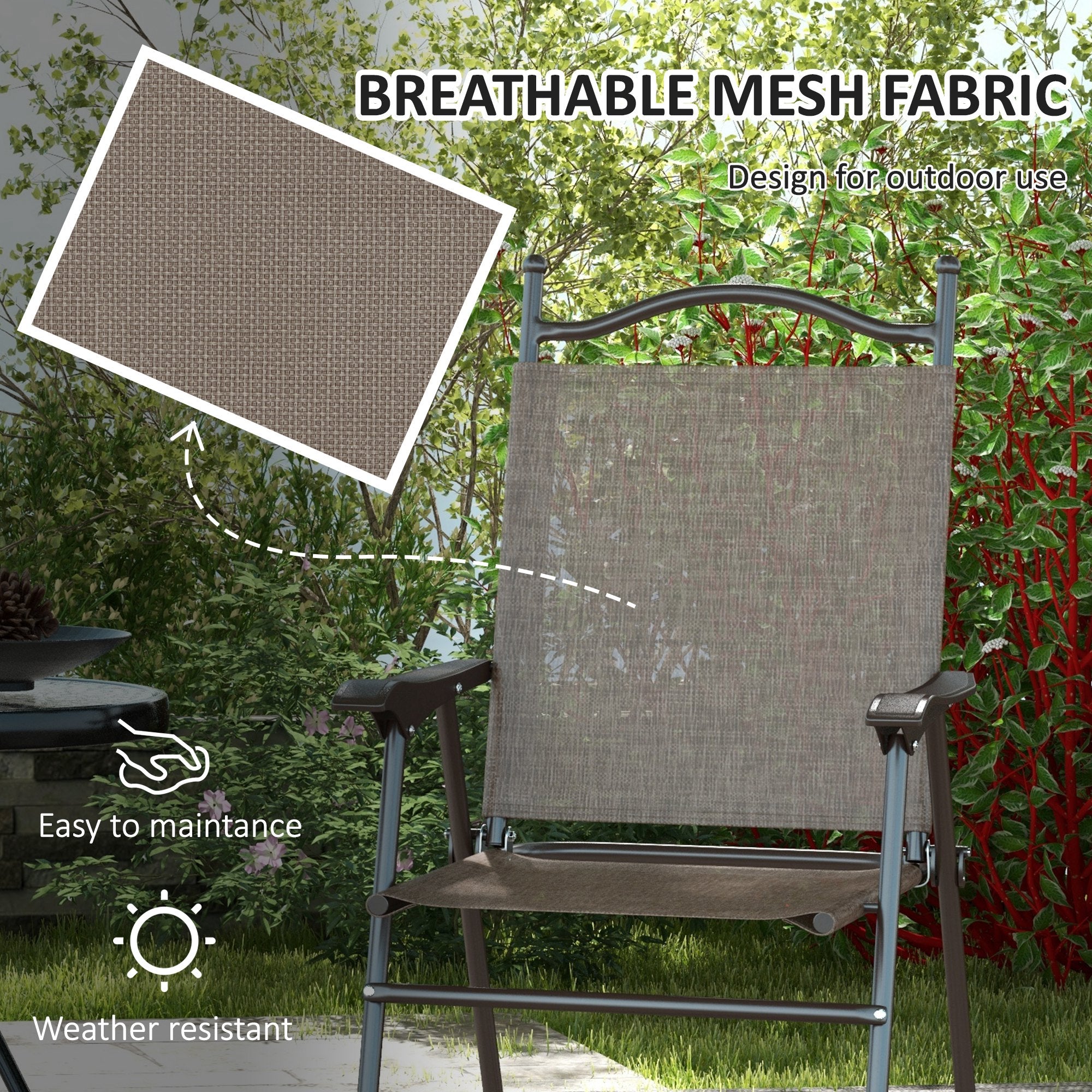 Outsunny Patio Chairs Set of 2, Sports Chairs for Adults, Camping Chairs with Armrest, Breathable Mesh Fabric Seat for Lawn, Brown