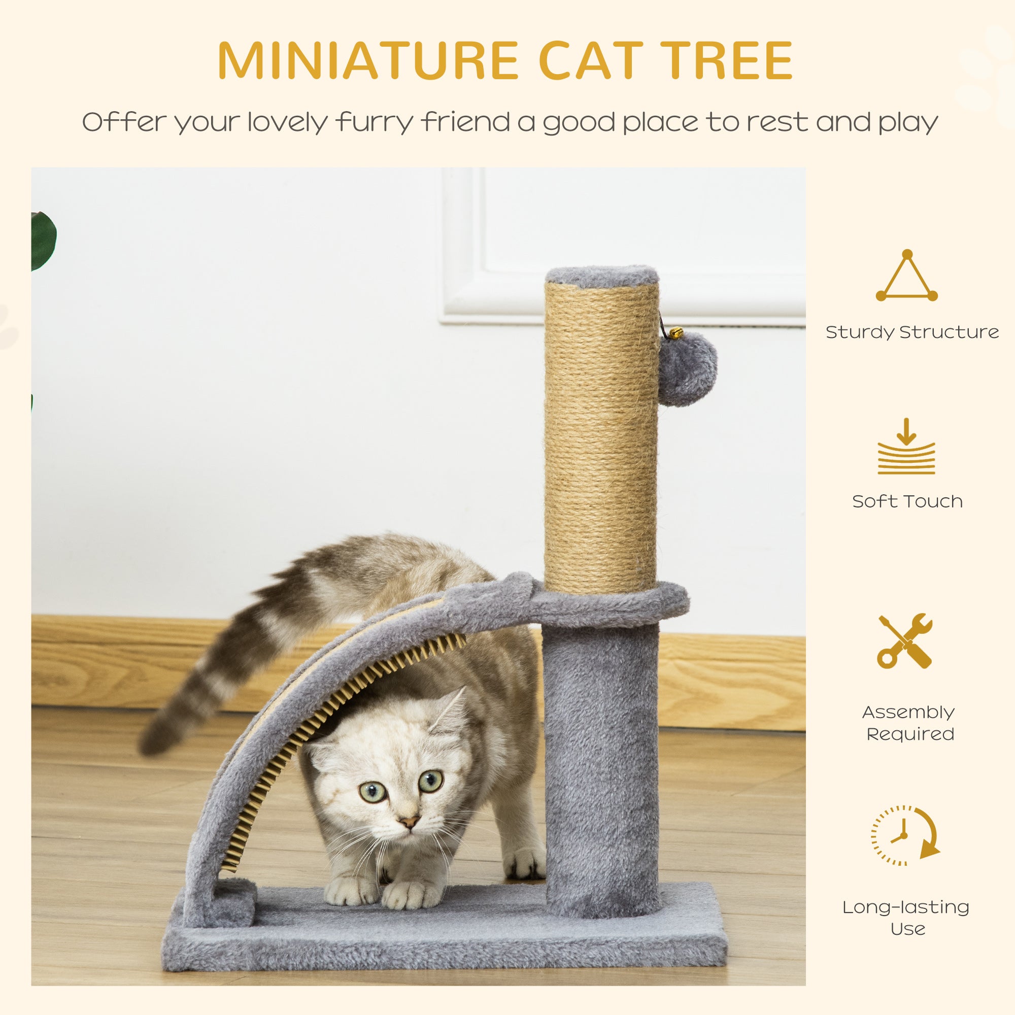 PawHut Cat Tree, 17" Small Cat Tower with Jute Scratching Post, Kitten Climbing Activity Centre with Curved Scratching Board, Dangling Ball with Bell, Grey