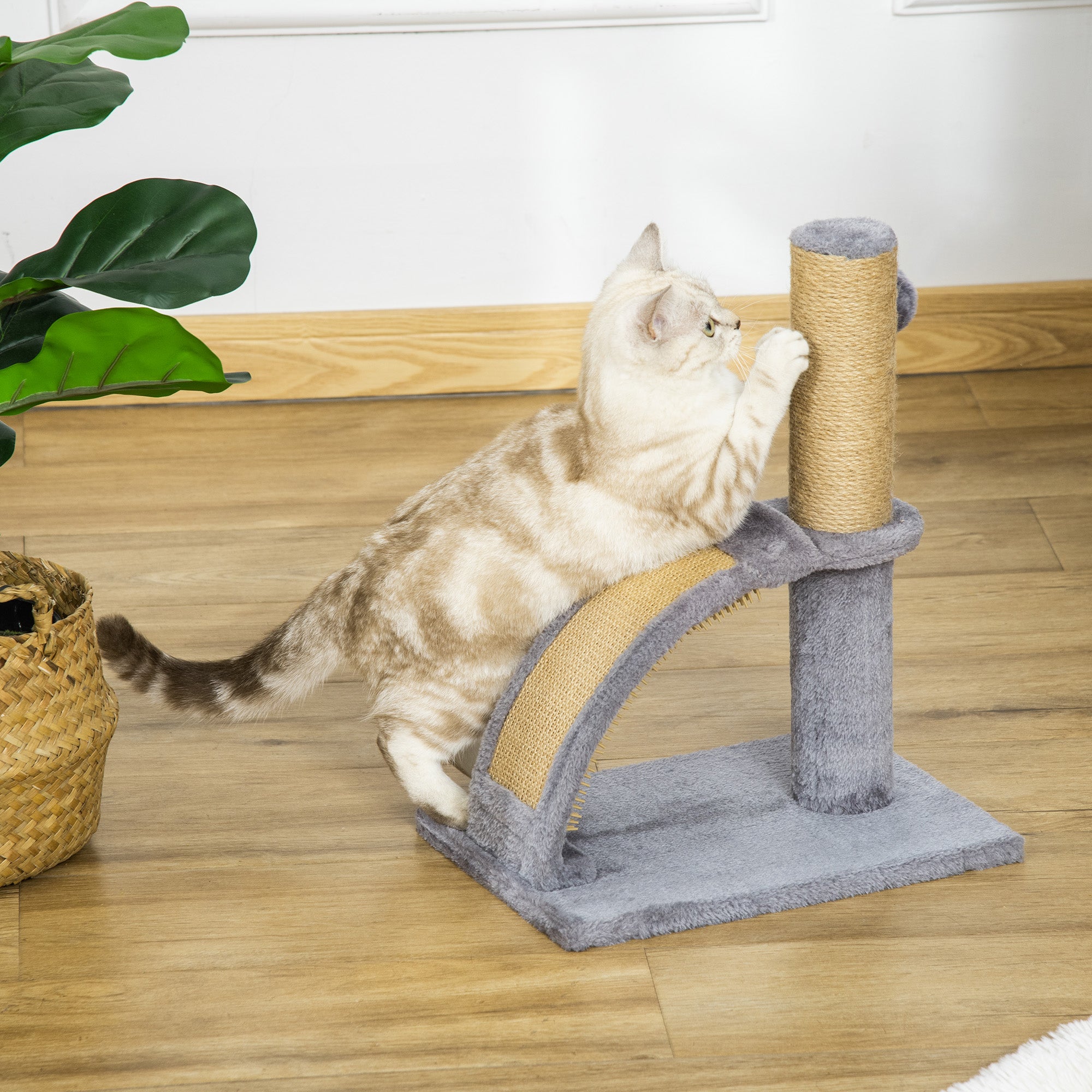 PawHut Cat Tree, 17" Small Cat Tower with Jute Scratching Post, Kitten Climbing Activity Centre with Curved Scratching Board, Dangling Ball with Bell, Grey