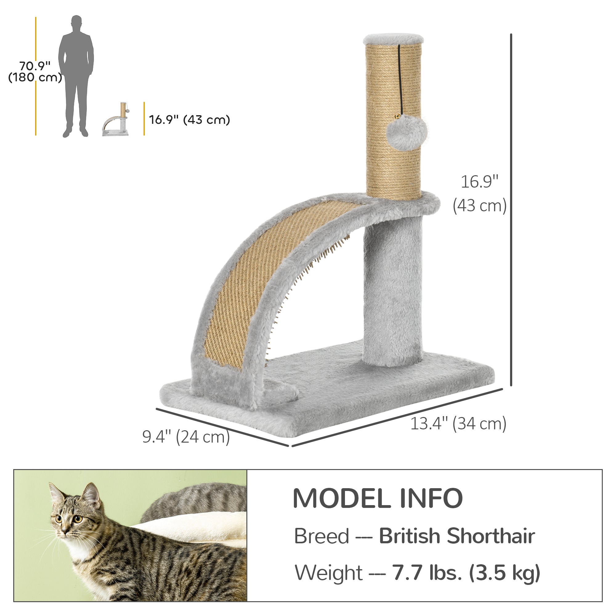 PawHut Cat Tree, 17" Small Cat Tower with Jute Scratching Post, Kitten Climbing Activity Centre with Curved Scratching Board, Dangling Ball with Bell, Grey