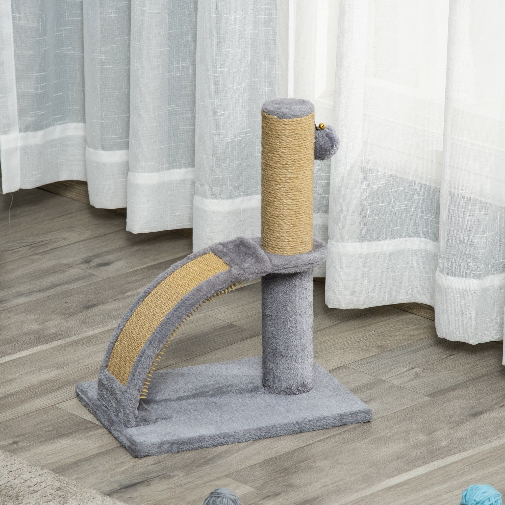 PawHut Cat Tree, 17" Small Cat Tower with Jute Scratching Post, Kitten Climbing Activity Centre with Curved Scratching Board, Dangling Ball with Bell, Grey